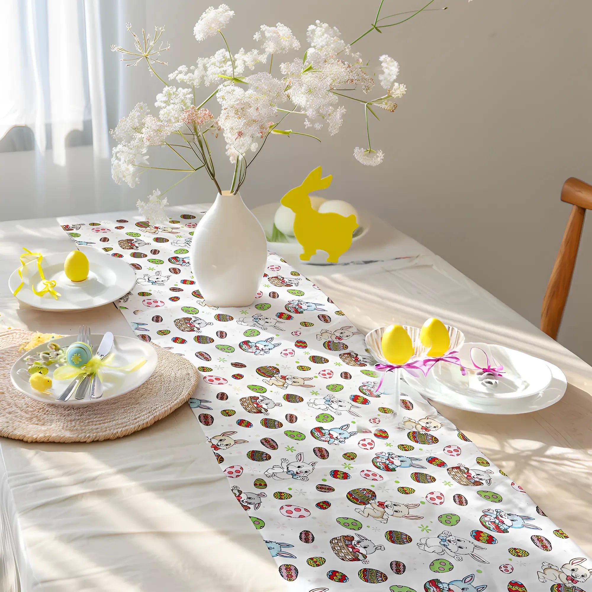 In poza este reprezentata traversa de masa cu un decor de Pasti.