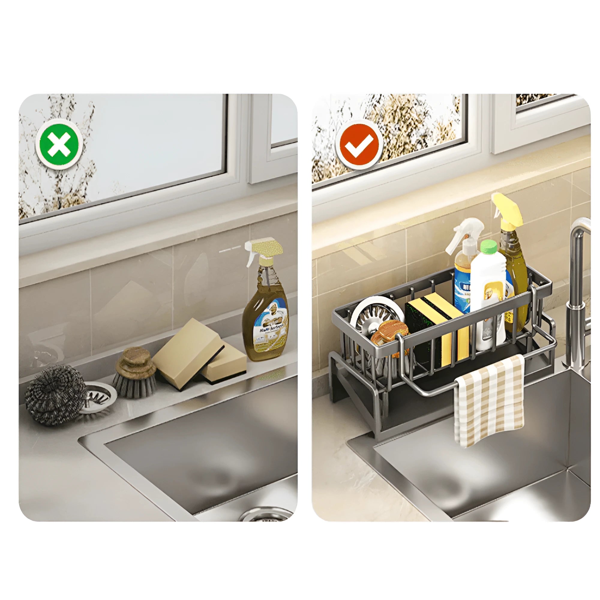 In poza este reprezentat cum arata spatiul chiuvetei din bucatarie pana la utilizarea organizatorului (dezordonat) si dupa (ordonat).