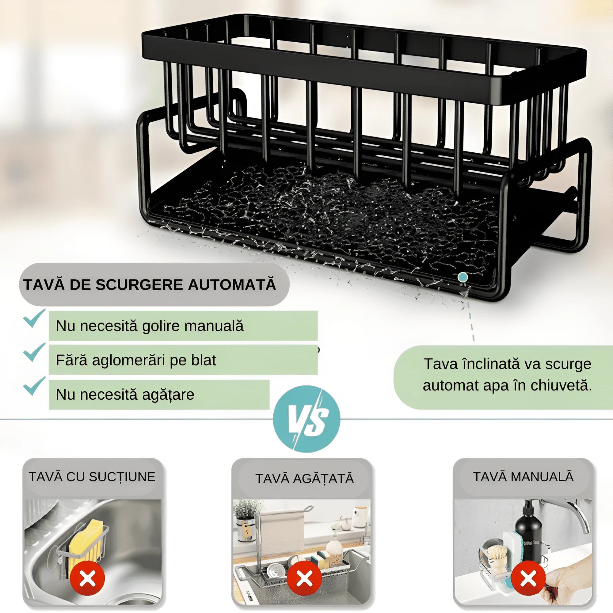 In poza sunt enumerate avantajele organizatorului: tava de scurgere automata, nu necesita golire manuala, fara aglomerari pe blat, nu necesita agatare, tava inclinata va scurge automat apa in chiuveta.