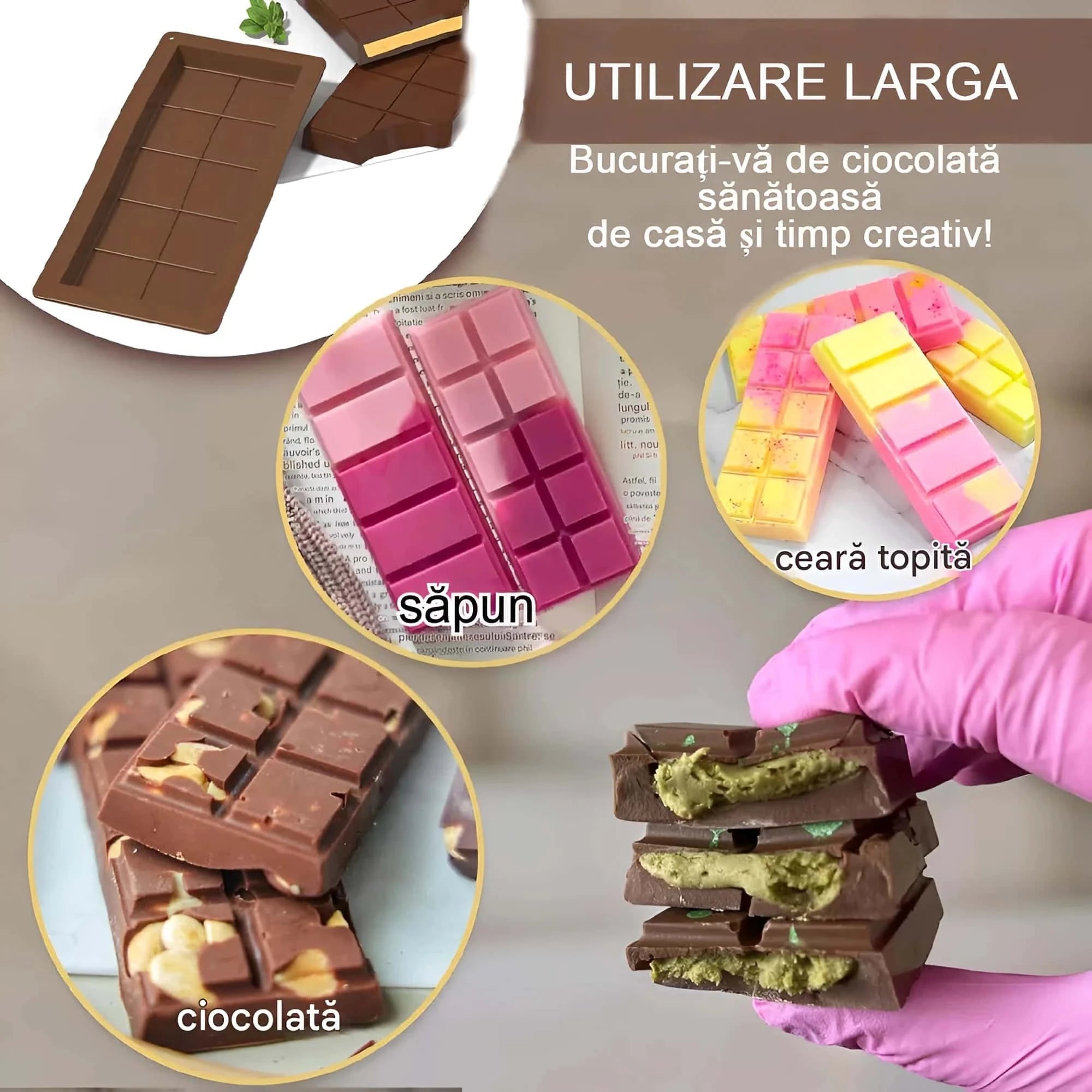 In poza este prezentata utilizarea larga a formei pentru ciocolata: ciocolata, sapun, ceara topita.