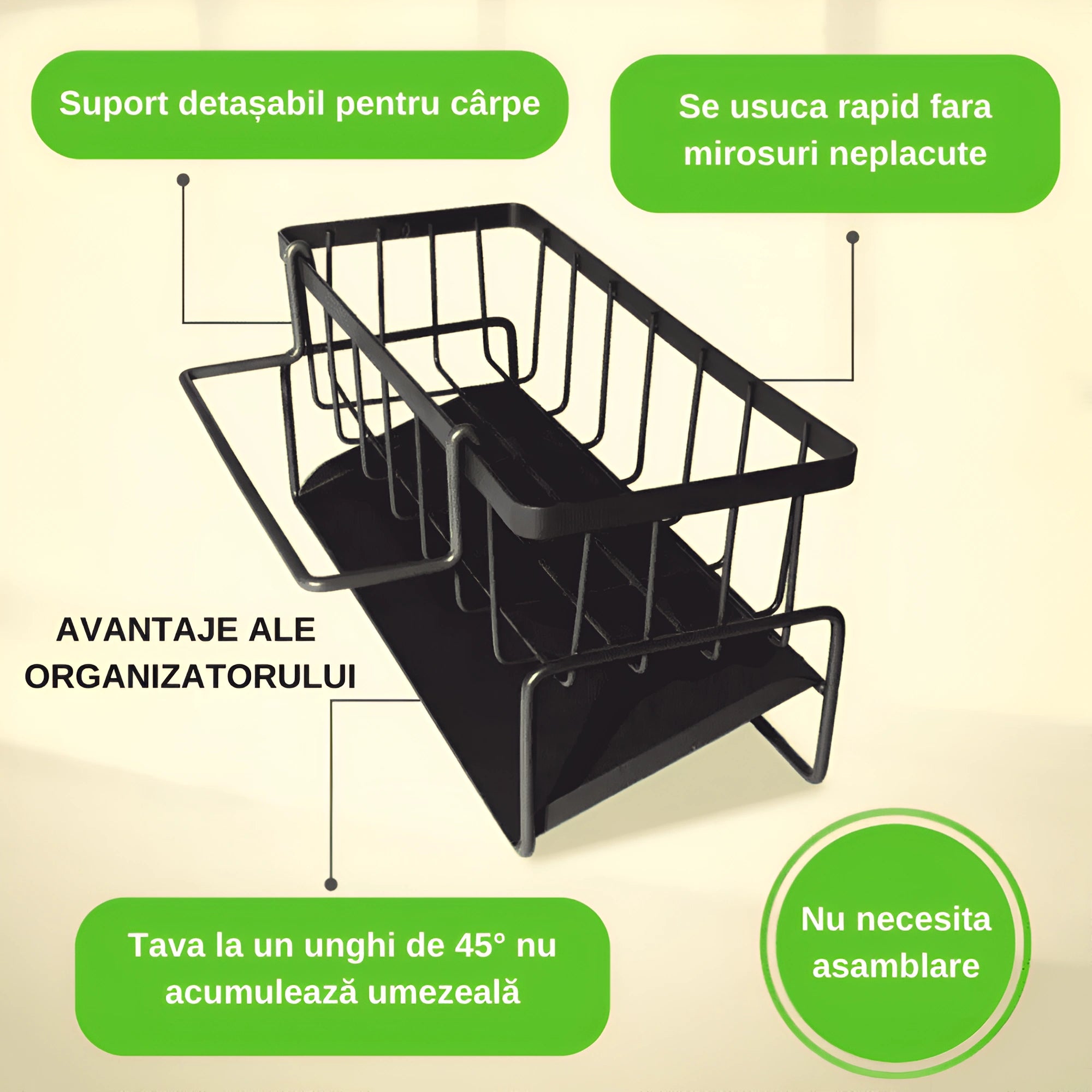 In poza sunt enumerate avantajele organizatorului: suport detasabil pentru carpe, se usuca rapid faa mirosuri neplacute, tava la un unghi de 45°C nu acumuleaza umezeala, nu necesita asamblare.