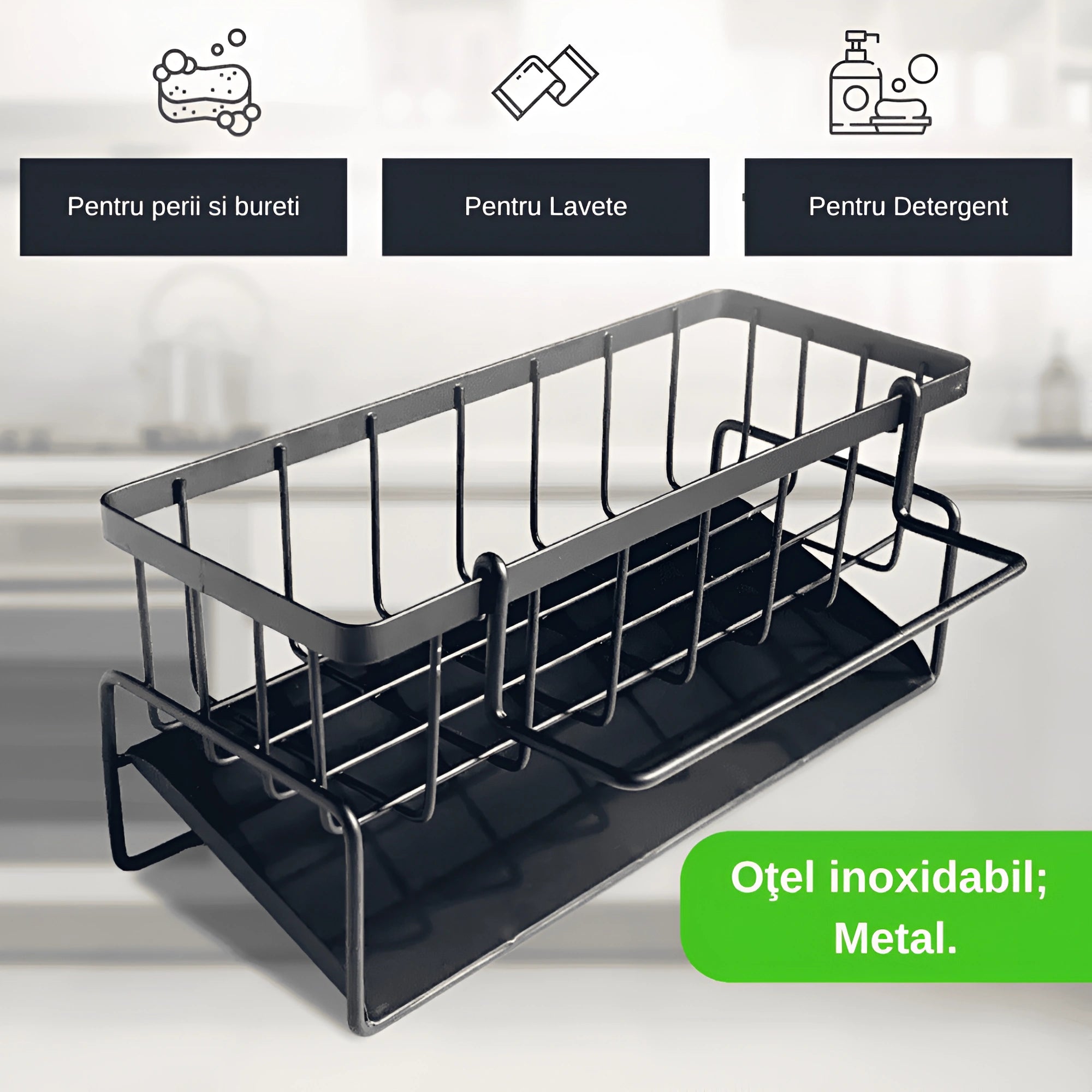 In poza se prezinta pentru ce este utilizat oranizatorul: pentru perii si bureti, pentru lavete, pentru detergent. Organizatorul este facut din otel inoxidabil, metal.