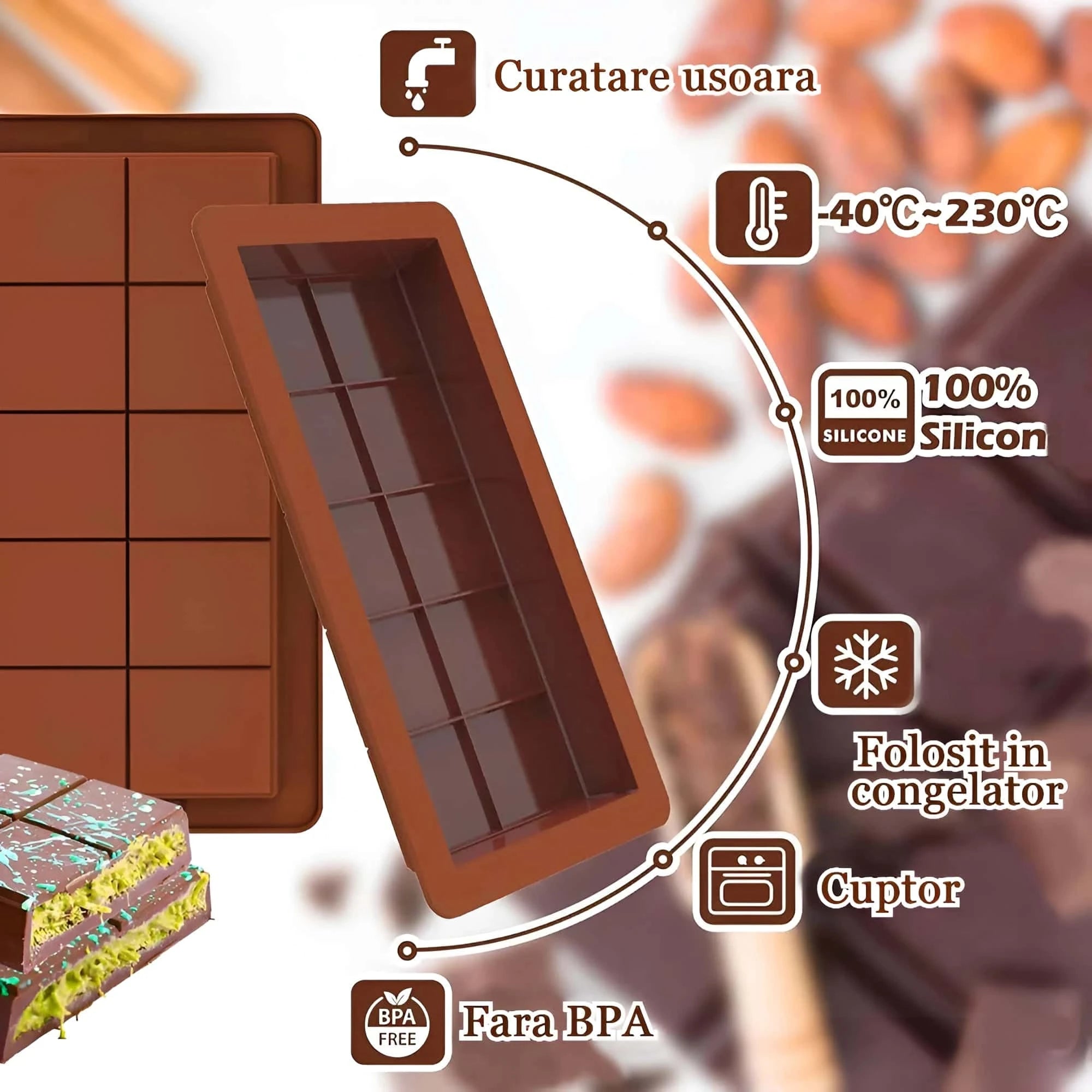 In poza sunt prezentate instructiunile utilizarii: -40°C - 230°C, folosit in congelator, cuptor, fara BPA, 100% silicon, curatare usoara.
