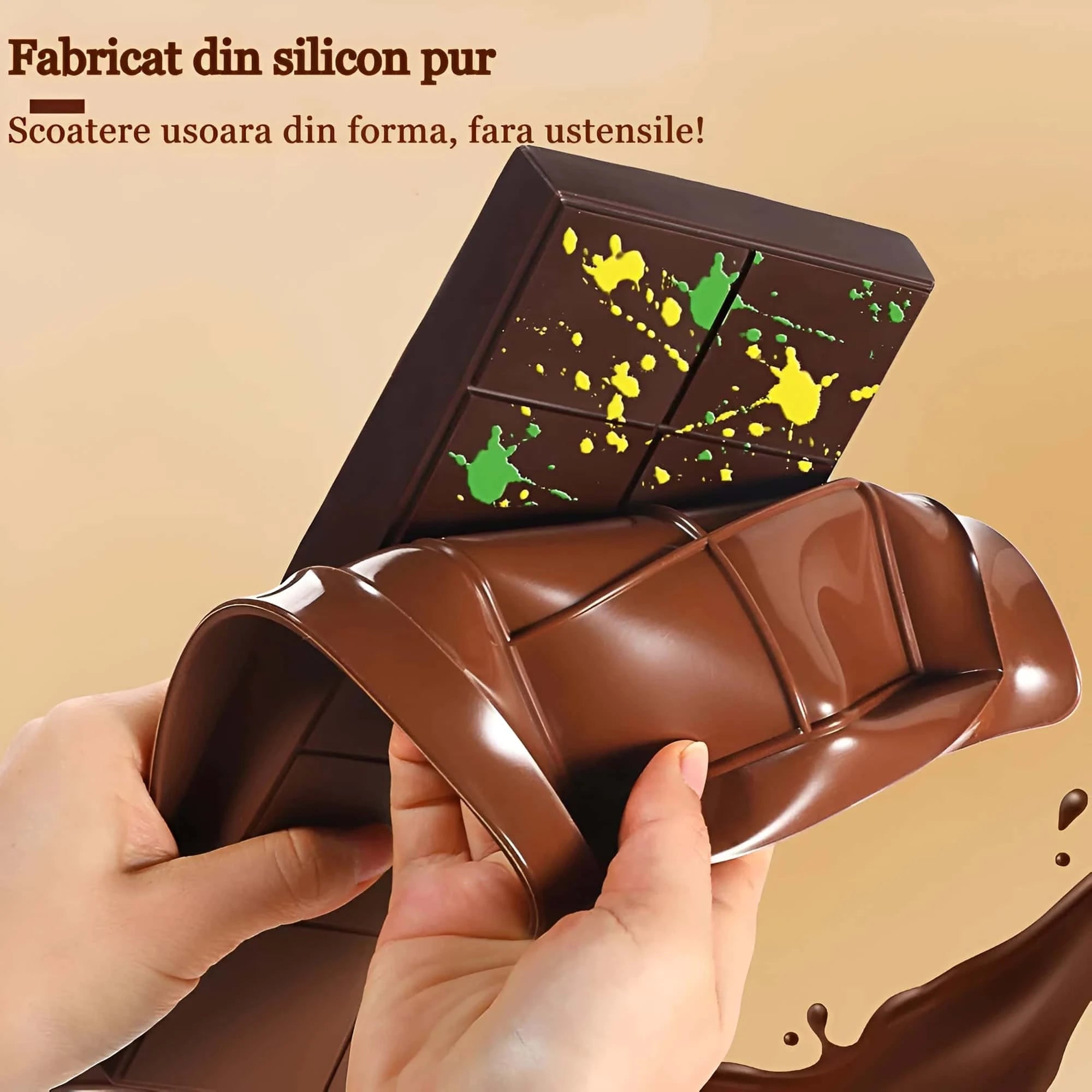 In poza este prezentat un avantaj al acestei forme - fabricat din silicon pur ceea ce permite scoaterea ciocolatei usor din forma, fara ustensile.
