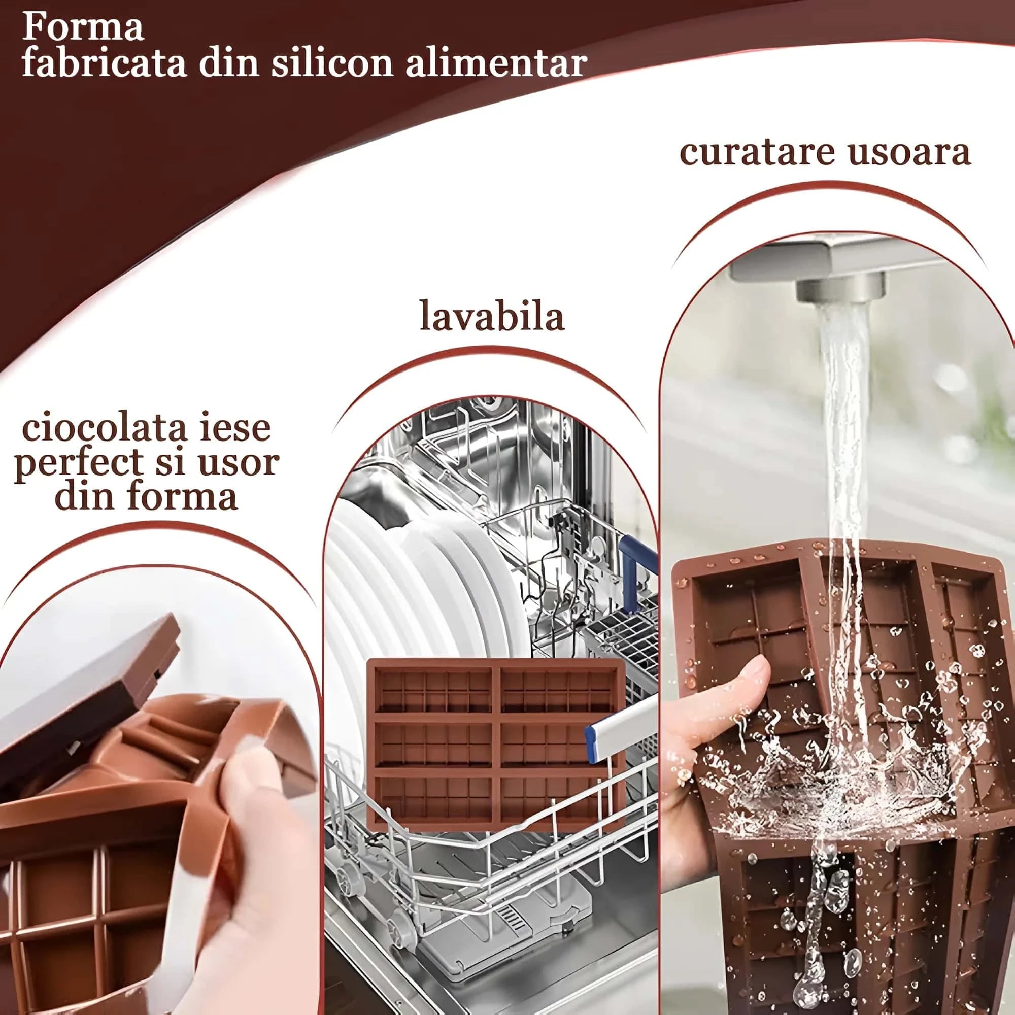 In poza sunt reprezentate avantajele formei pentru ciocolata: curatare usoara, lavabila, ciocolata iese perfect si usor din forma.