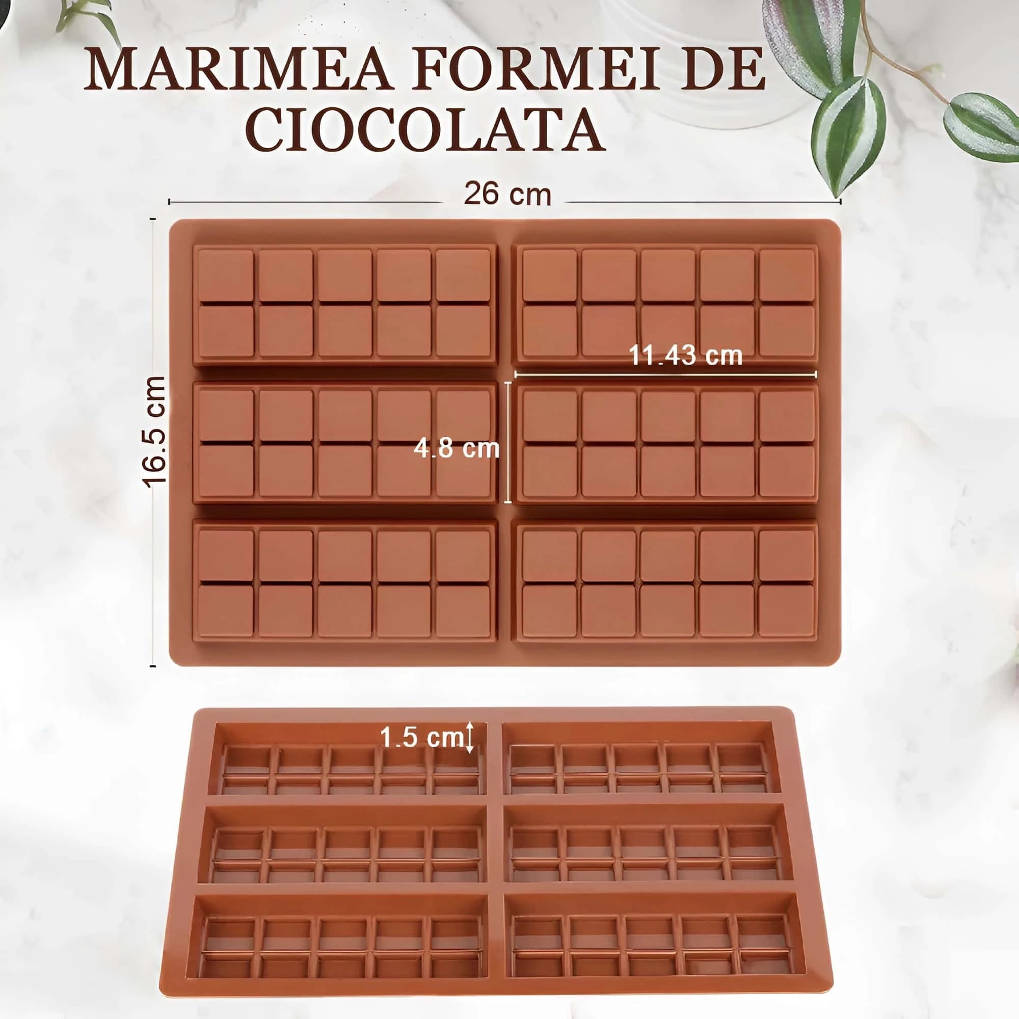 In poza este reprezentata marimea formei pentru ciocolata: 26 cm x 16.5 cm.