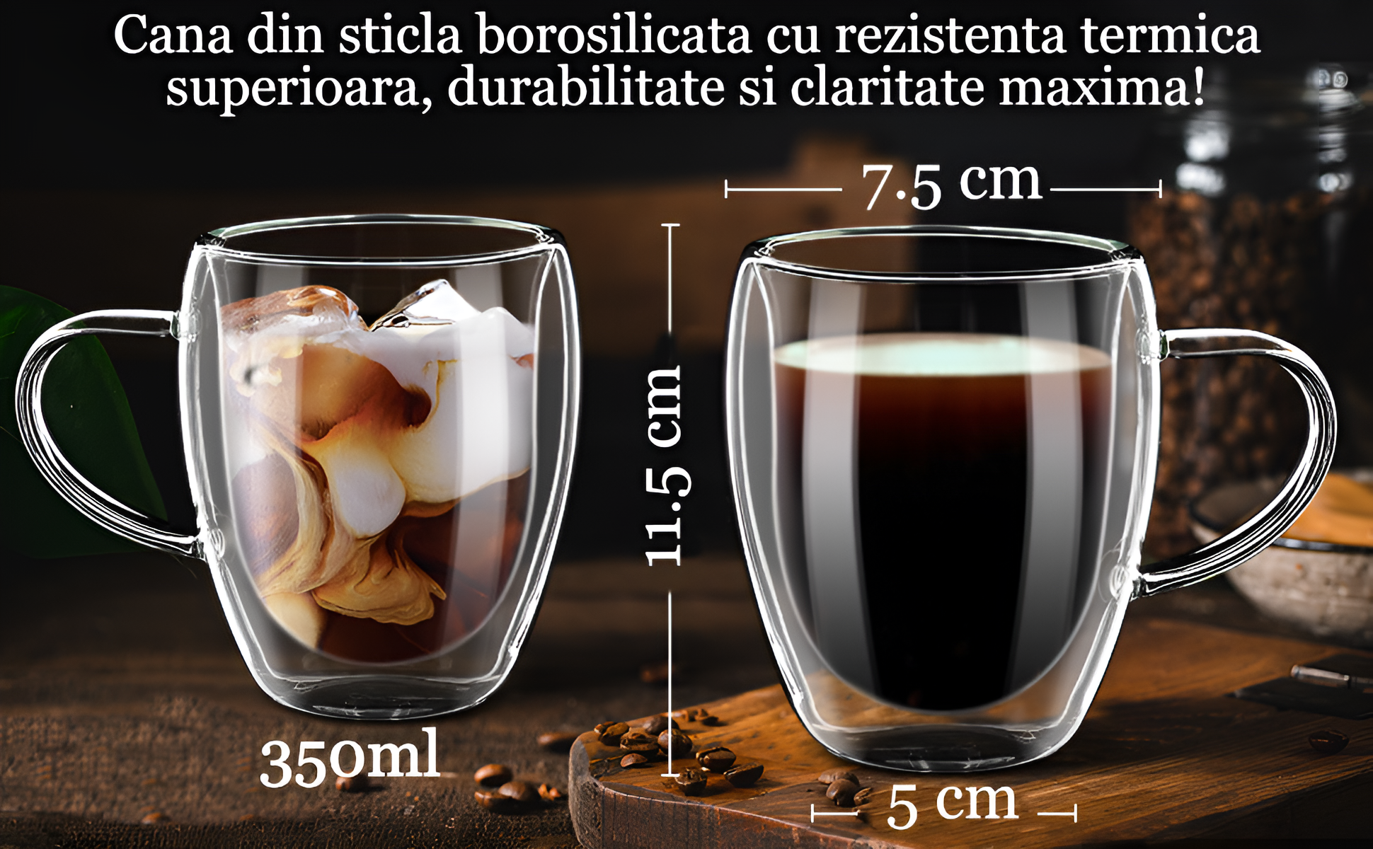 Koken Double Wall Thermos Mug 350 ml, Borosilicate Glass, Transparent Set of 2/4