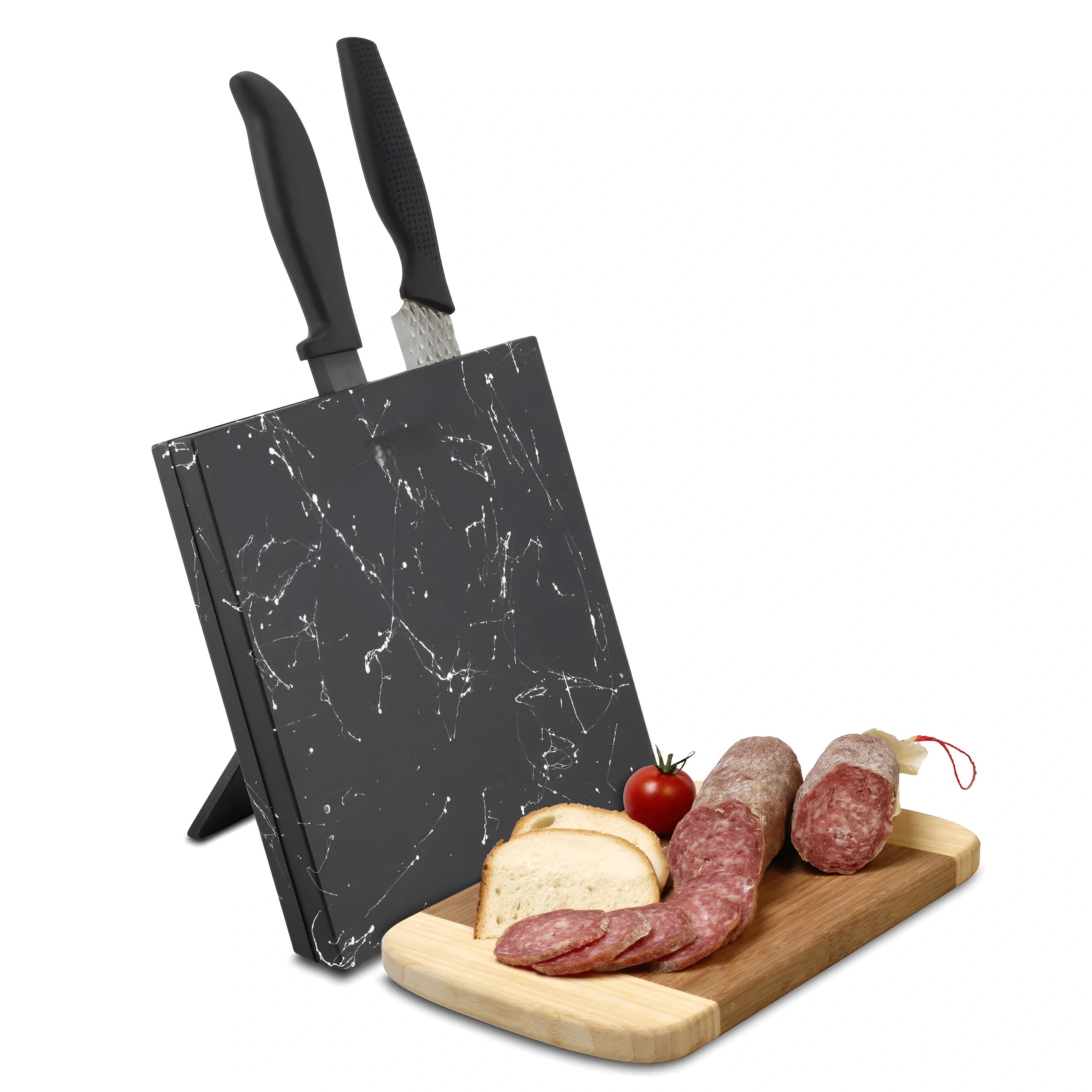 Suport magnetic pentru cutite Koken, imitatie de piatra, negru cu efect marmura, 25,3x22,6x2,4
