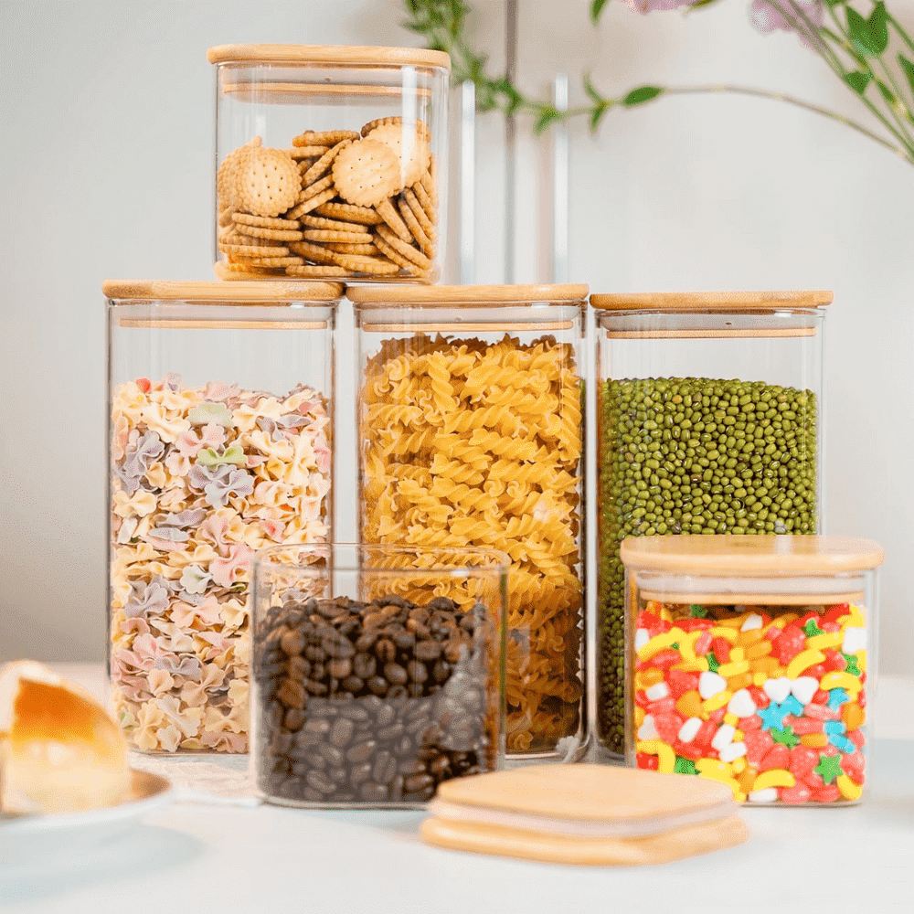 Set of 8/6/5 Square Borosilicate Glass Containers with Airtight Bamboo Lids Koken, for Dry Food and Grain Storage,