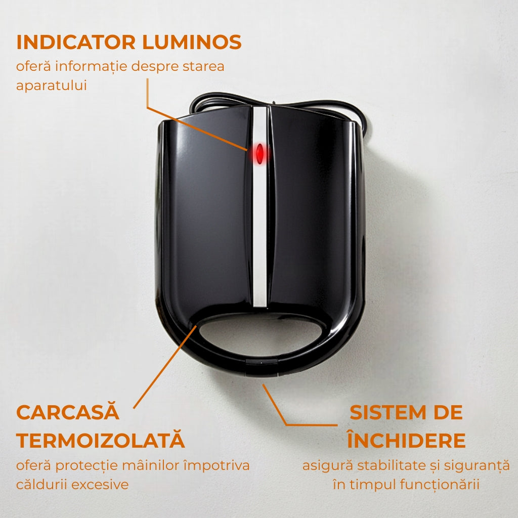 Grill negru Koken pentru coacerea jumatatilor de nuca cu indicator luminos ce ofera informatie despre starea aparatului. Carcasa termoizolata ce ofera protectie mainilor impotriva caldurii excesive si sistem de inchidere ce asigura stabilitatea si siguranta in timpul functionarii.