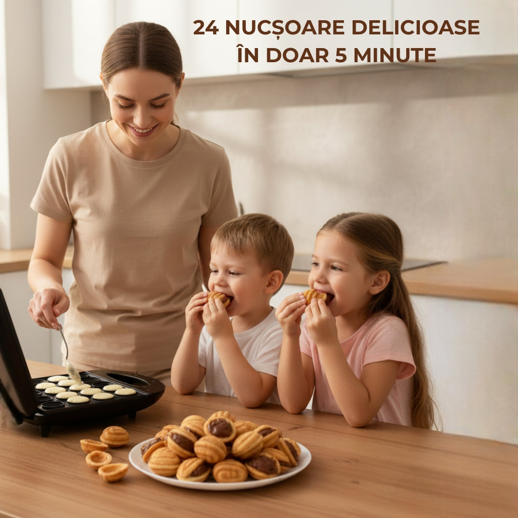 Grill pentru coacerea jumatatilor de nuca Koken poate face 24 de jumatati de nucsoare delicioase in doar 5 minute. O familie fericia savureaza nuci dulci. Mamica coace cat copii gusta.