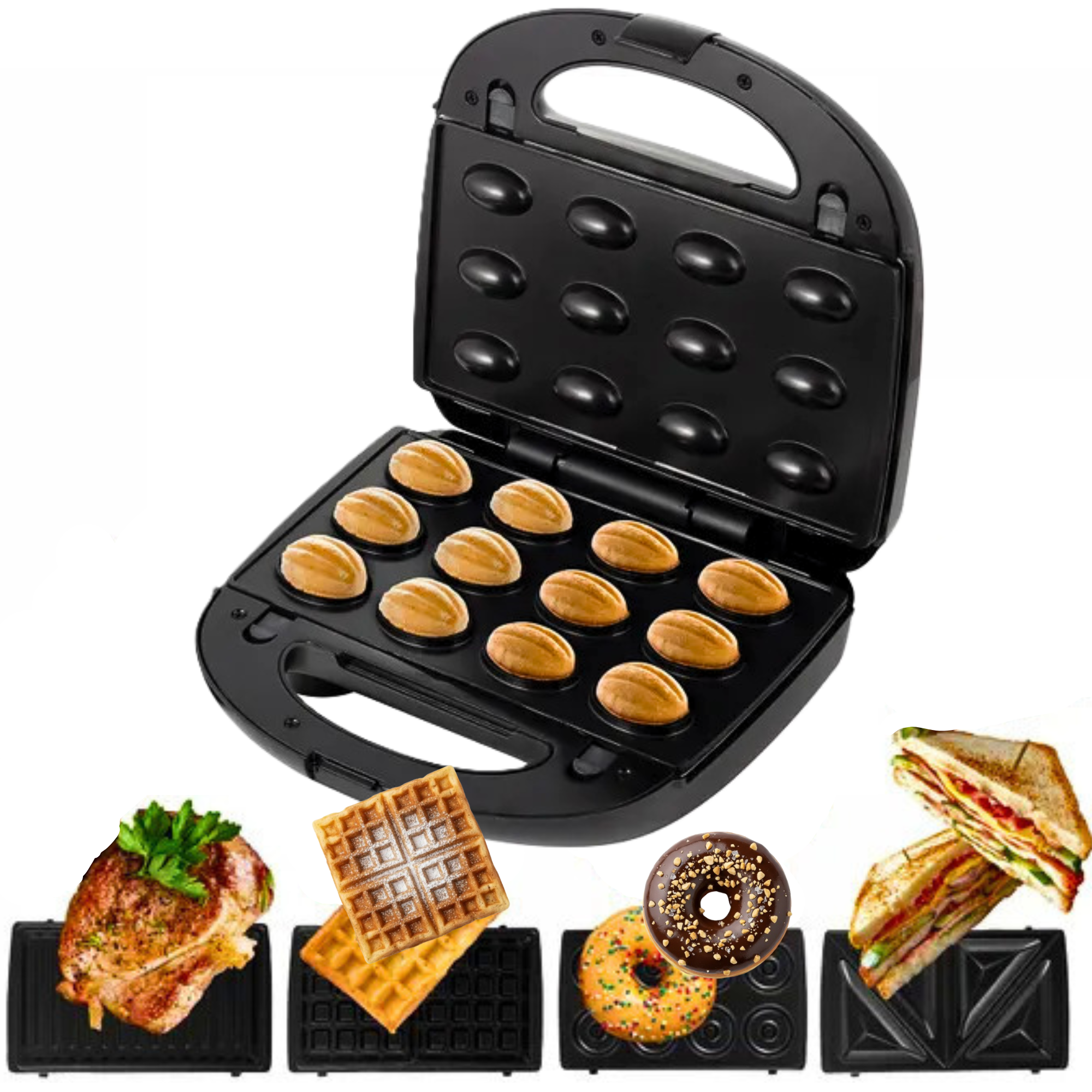 Gratar electric Koken 5 in 1, inox/negru, cu set placi interschimbabile: nucusoare, gratar carne, vafe, gogosi si sandvisuri triunghi