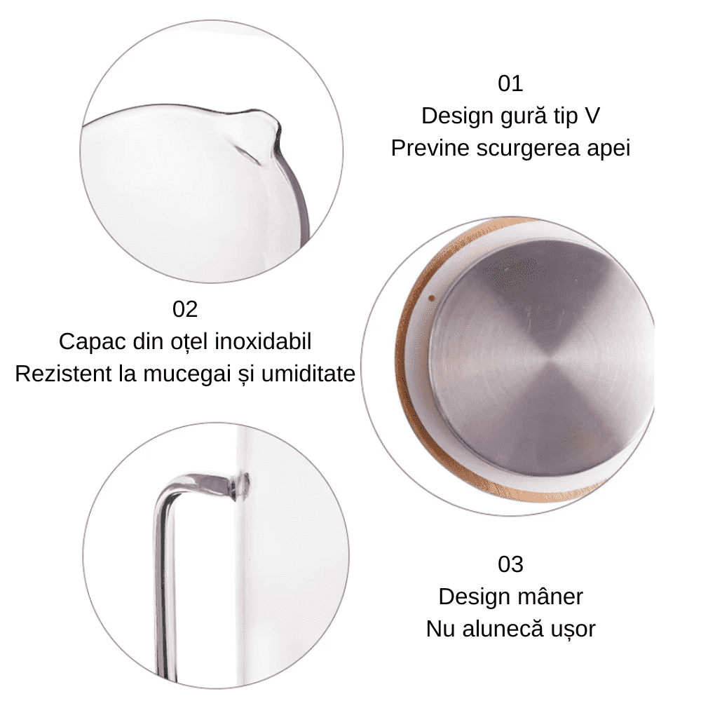 Carafa 1,5 L pentru Apa din sticla borosilicată Koken, recipient cu Capac din bambus si otel inoxidabil, Ulcior 26 x 8,5 cm, rezistenta la apa fierbinte, Transparent/Lemn