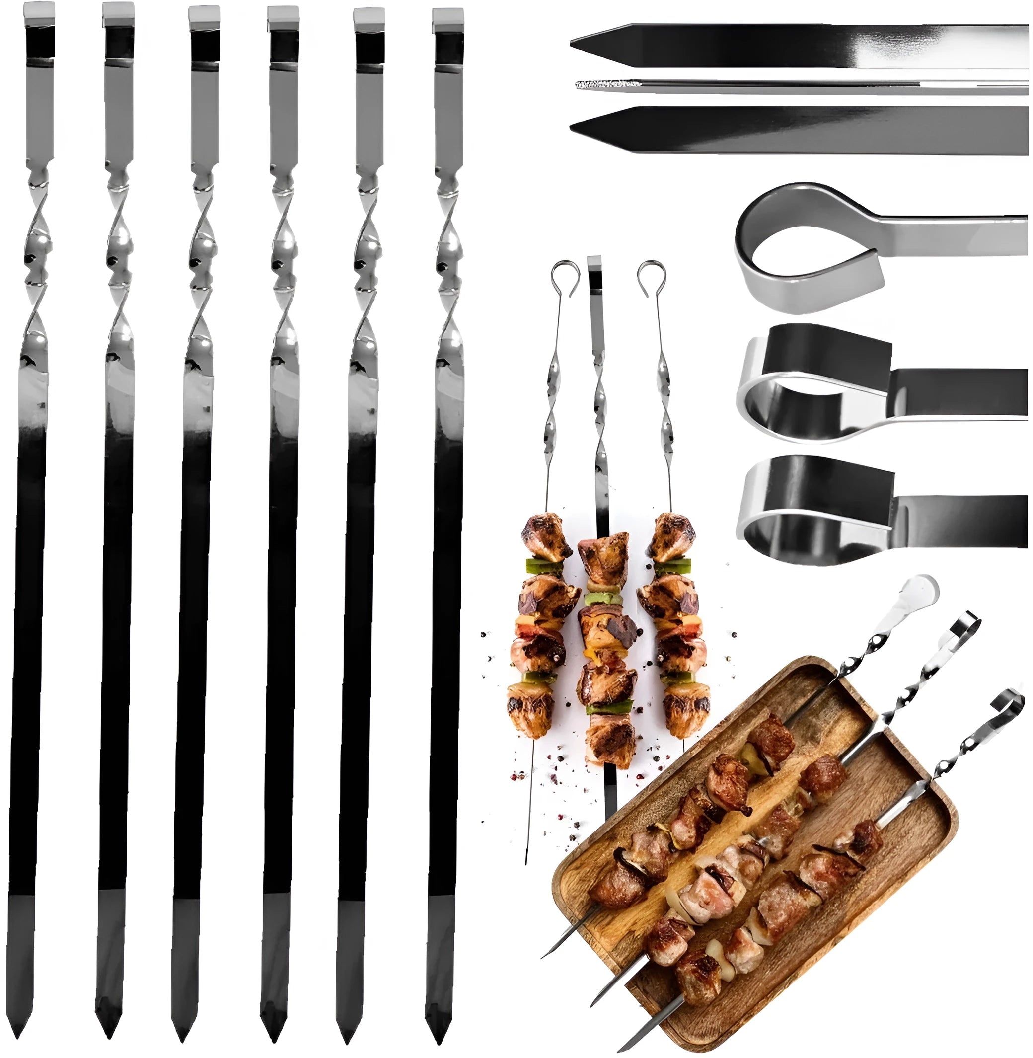 Set 6 ace pentru frigarui Koken, otel inoxidabil, 45 cm, reutibilizabile, perfect pentru frigarui, carne, peste sau fructe