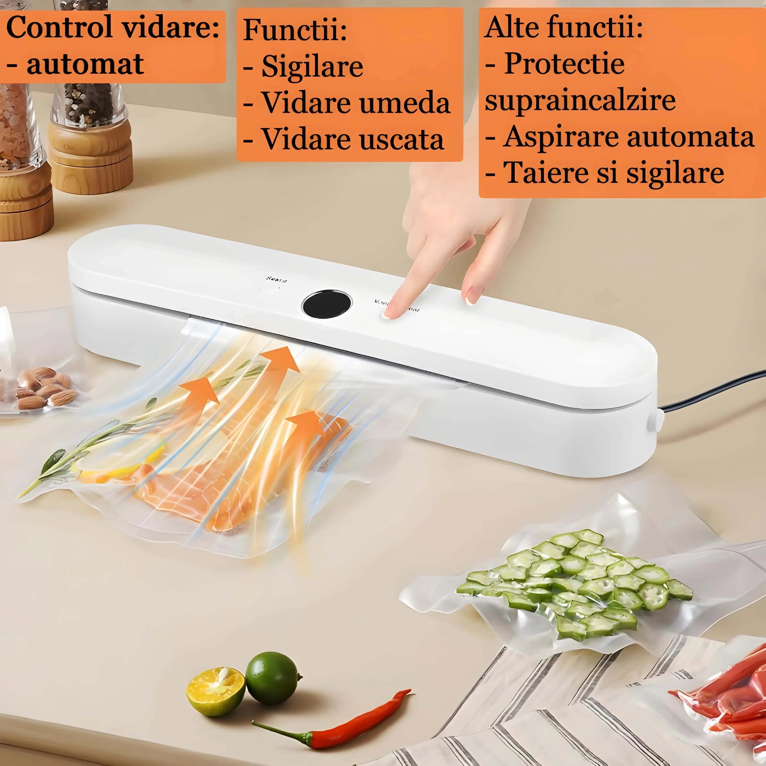 In poza este indicat cele 2 functii de Vidare. (vidare umedă/uscată,) si Functia de Sigilare. Protecție supraincălzire.
