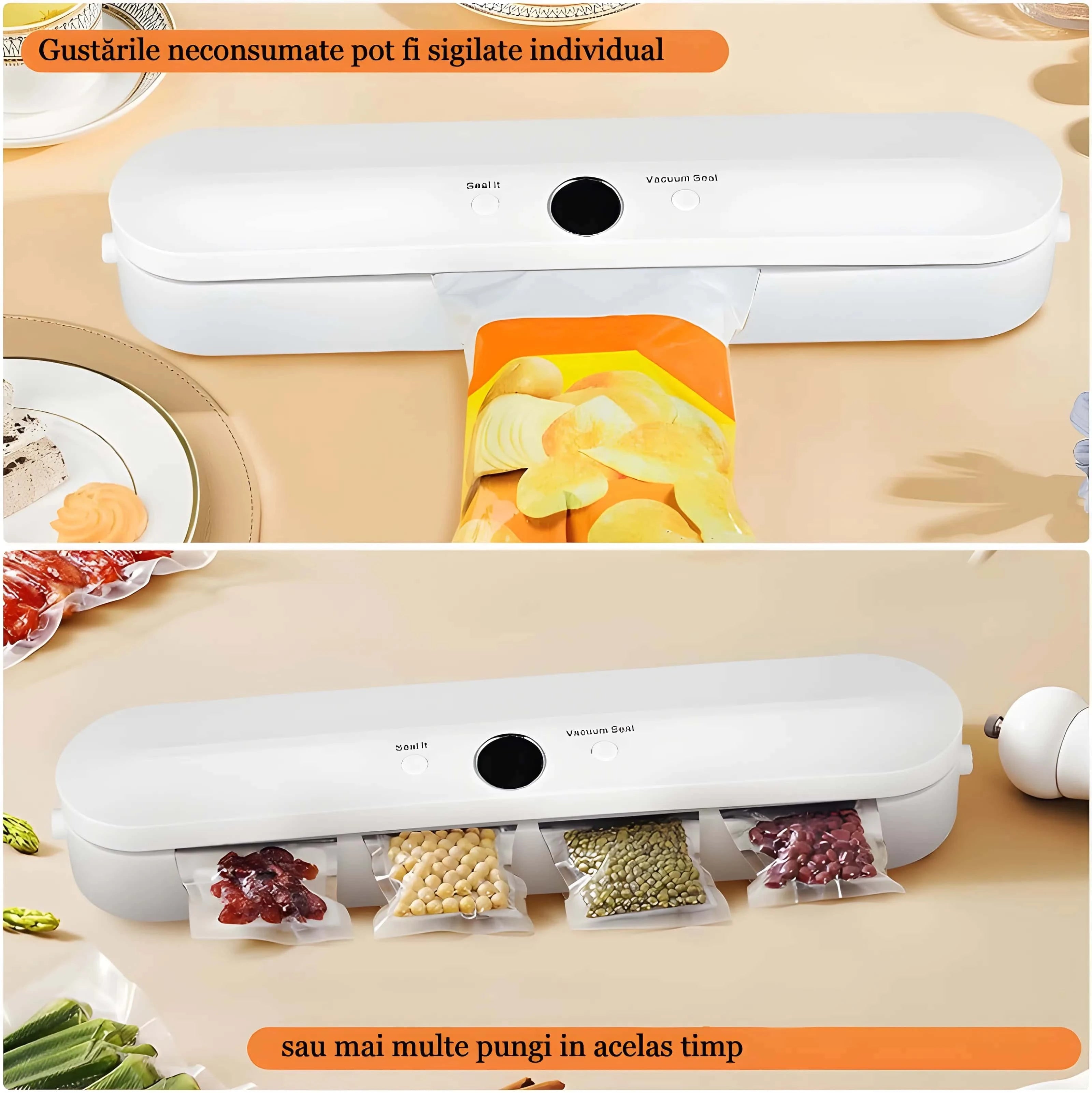 Aparat de Vidat alimente Koken, Dispozitiv pentru sigilarea pungilor, 2 în 1 de 28 cm bara de lipire, Alb