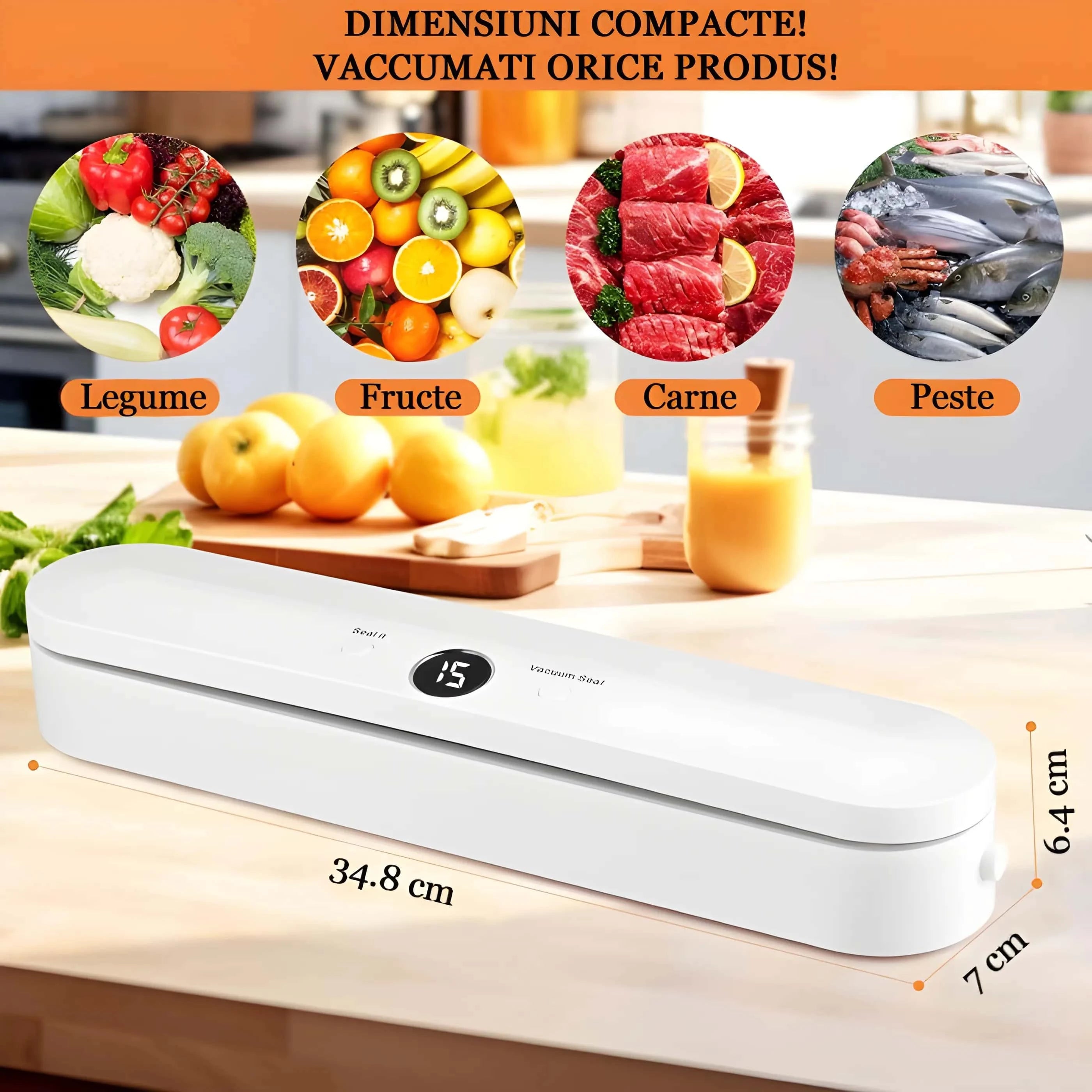 Imagine care prezintă dimensiunile aparatului de vidat: Lungimea de 34,8 cm, Lățimea de 7 cm și Inălțimea de 6,4 cm. De asemenea, sunt indicate alimentele care pot fi vidate și sigilate, cum ar fi carne, fructe, legume, pește și altele.