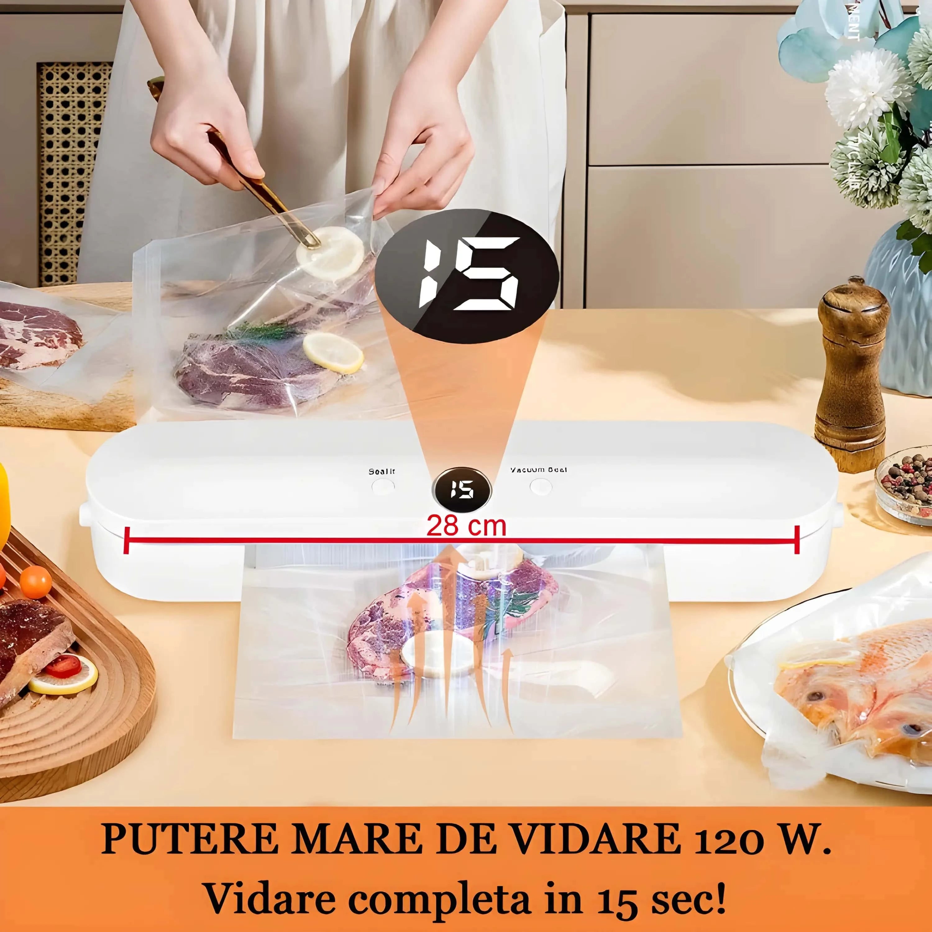 Aparat de vidat alimente Alb, cu o putere de 120W, lățime bandei de vidare 28 cm, vidare completa in doar 15 secunde.