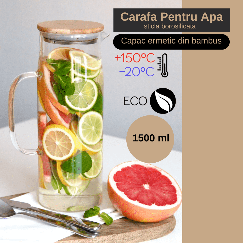 Carafa 1,5 L pentru Apa din sticla borosilicată Koken, recipient cu Capac din bambus si otel inoxidabil, Ulcior 26 x 8,5 cm, rezistenta la apa fierbinte, Transparent/Lemn