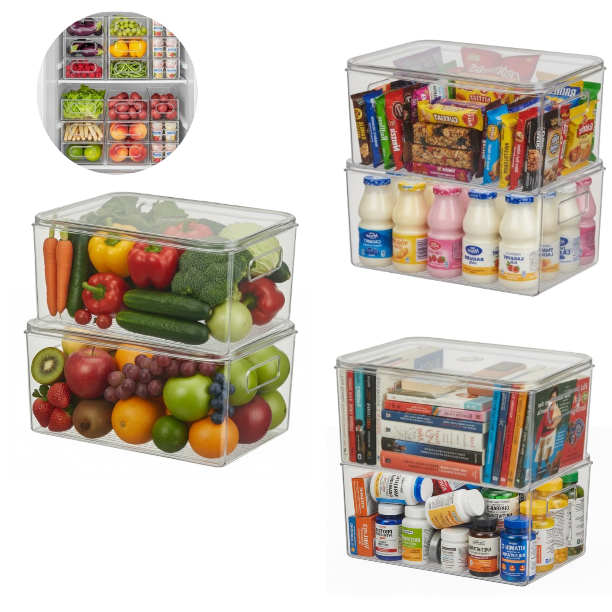 Set din 6 recipiente din plastic cu capac si manere laterale Koken, pline cu fructe si legume proaspete – banane, mere, ardei, broccoli, castraveti si capsuni, cu carti si vitamine, snack-uri si iaurturi – prezentate pe fundal alb, cu o imagine mica insetata ce arata utilizarea in frigider.