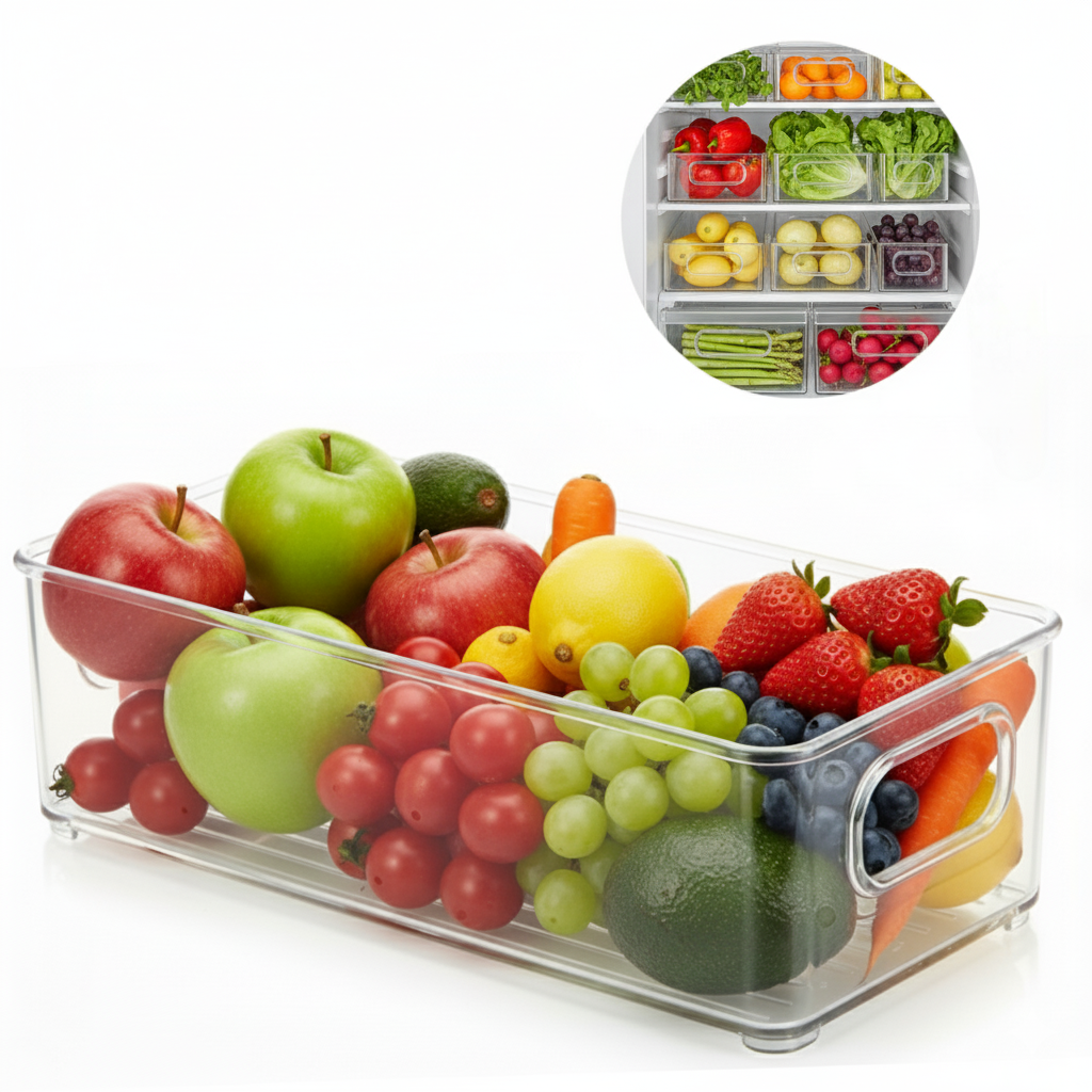 Recipient pentru alimente Koken cu mere, struguri, capsuni, morcov si rosii. Iconita cu mai multe recipiente cu legume aranjate uniform in frigider
