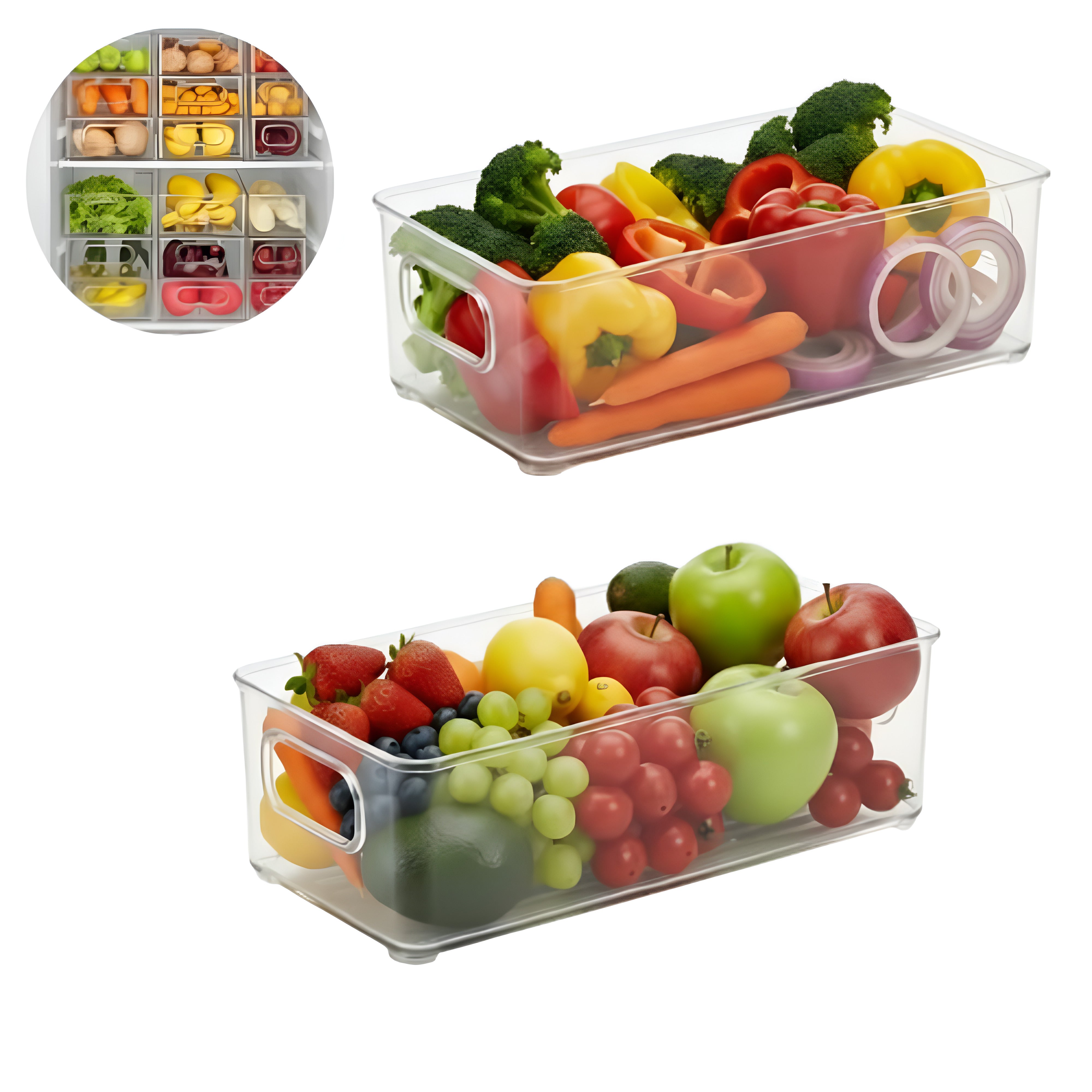 Set de 2 recipiente pentru alimente Koken cu mere, struguri, capsuni, morcov si rosii, ceapa, ardei. Iconita cu mai multe recipiente cu legume aranjate uniform in frigider
