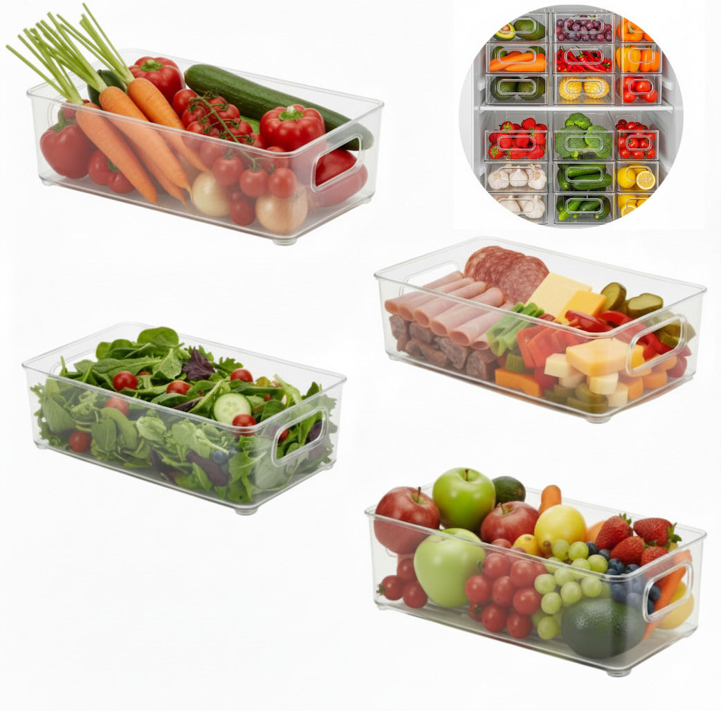 Set de 4 recipiente pentru alimente Koken cu mere, struguri, capsuni, morcov si rosii, ceapa, ardei, mezeluri, salata. Iconita cu mai multe recipiente cu legume aranjate uniform in frigider