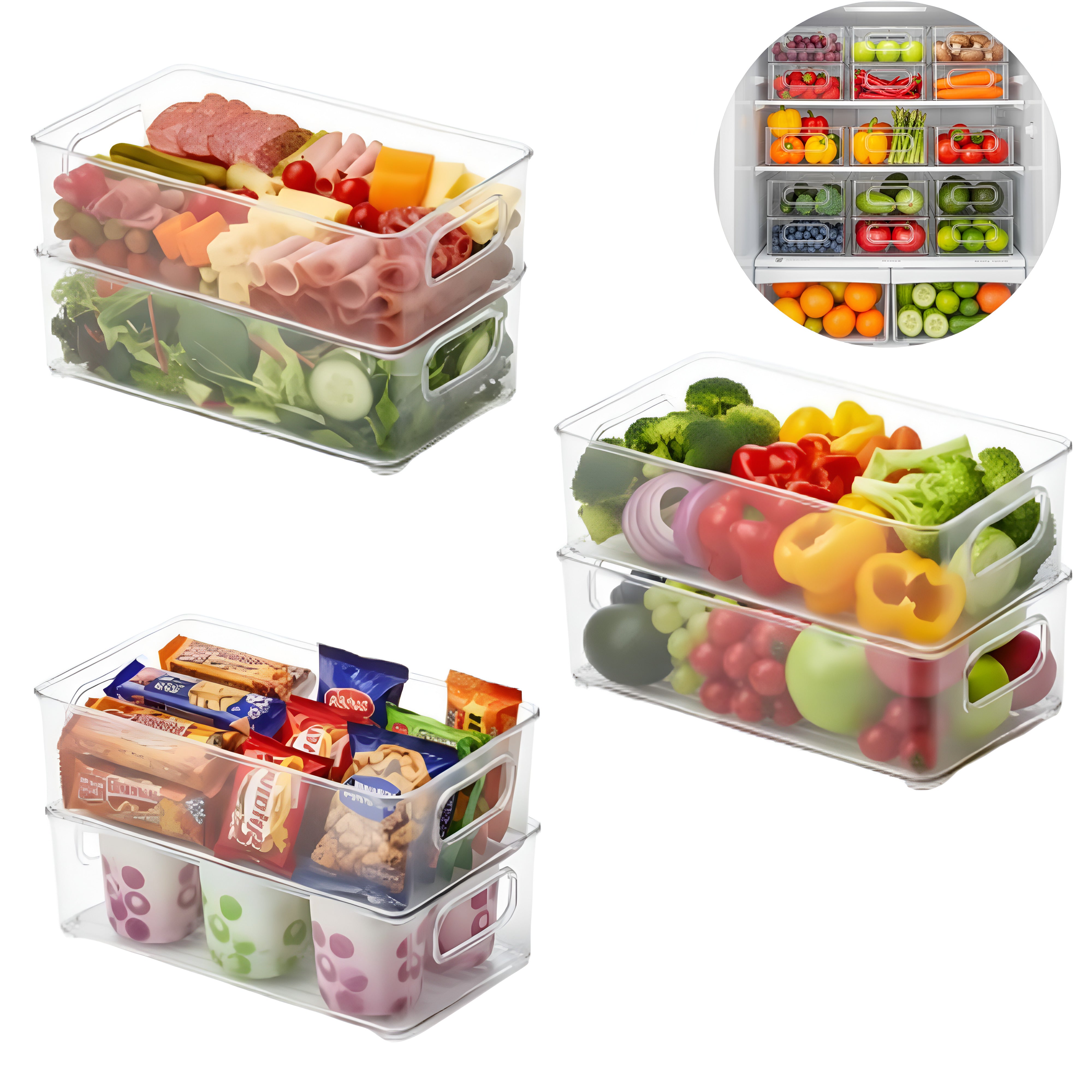 Set de 6 recipiente pentru alimente Koken cu mere, struguri, capsuni, morcov si rosii, ceapa, ardei, mezeluri, salata,iaurturi si snack-uri. Iconita cu mai multe recipiente cu legume aranjate uniform in frigider