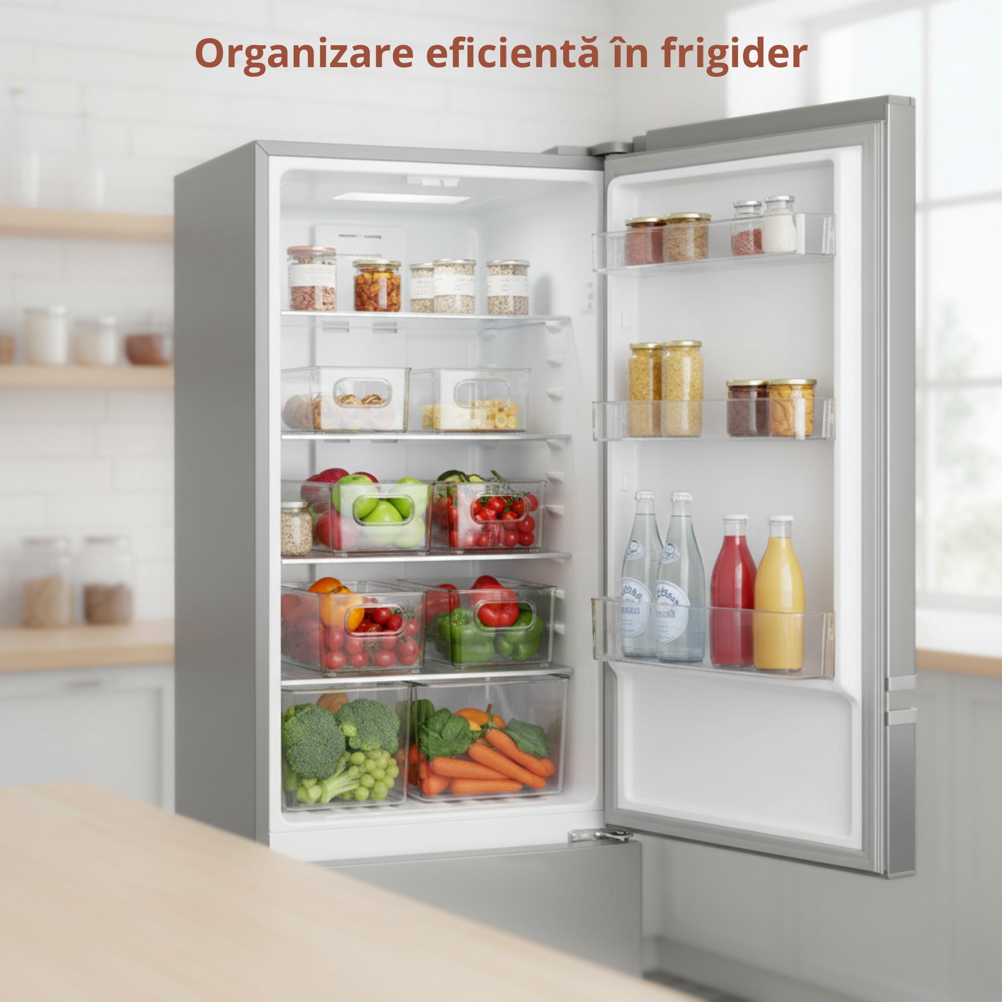 Frigider deschis, organizat cu recipiente transparente Koken din plastic, pline cu legume proaspete, fructe, borcane si sticle, intr-o bucatarie luminoasa si ordonata.