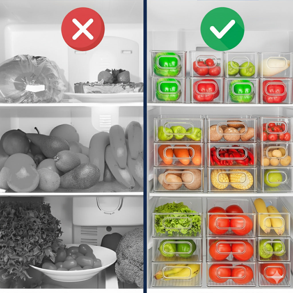 Comparatie intre un frigider dezorganizat, cu alimente puse direct pe rafturi, si unul organizat eficient cu recipiente transparente Koken pentru depozitarea ordonata a fructelor si legumelor.