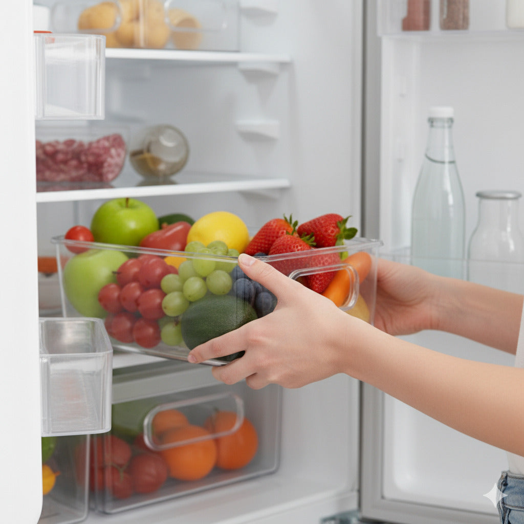 Persoana aseaza un recipient transparent Koken plin cu fructe proaspete – struguri, mere, capsuni, lamai si avocado – pe un raft din frigider organizat.