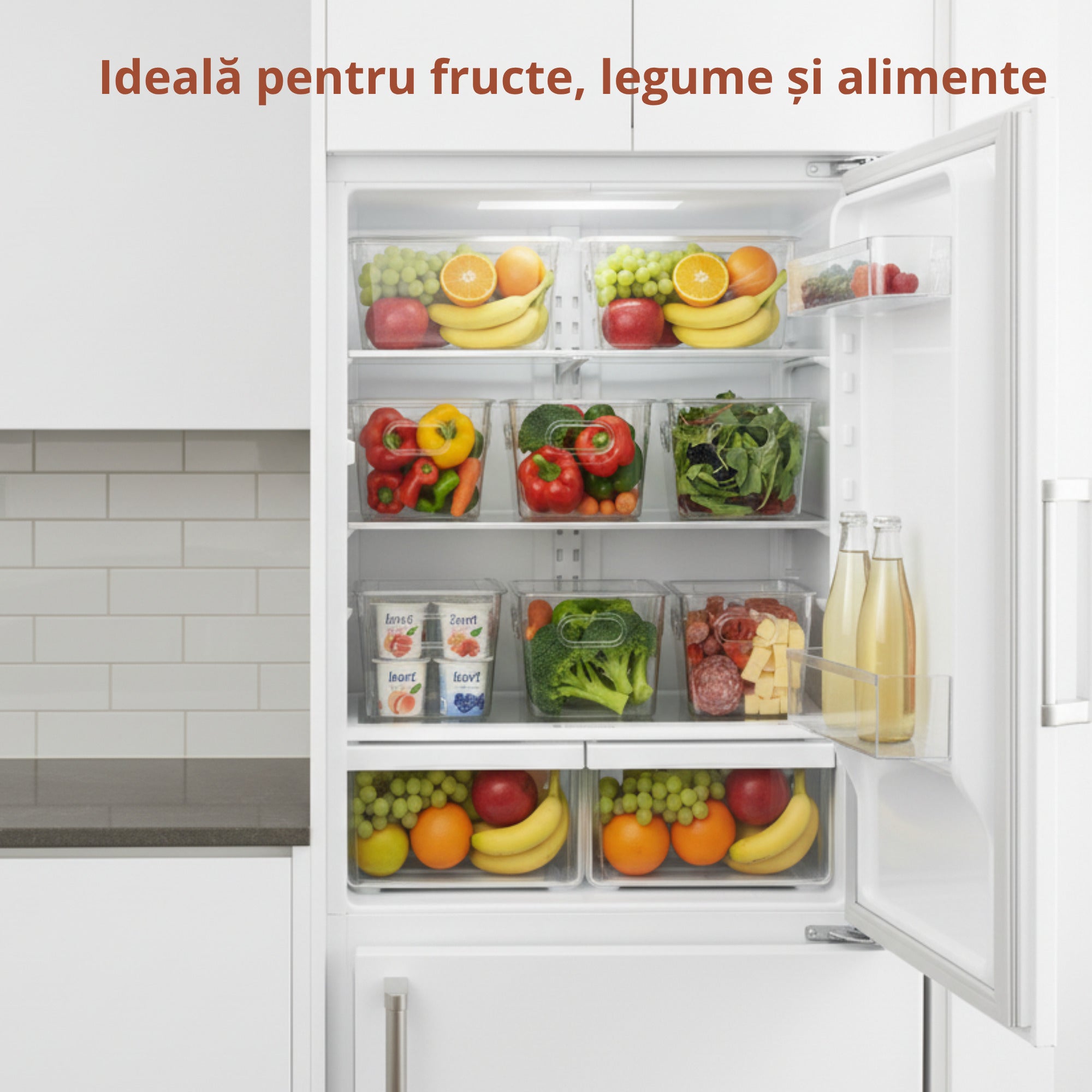 Frigider organizat cu recipiente transparente din plastic Koken, pline cu fructe, legume, lactate si alte alimente, asezate ordonat pe rafturi intr-o bucatarie moderna.
