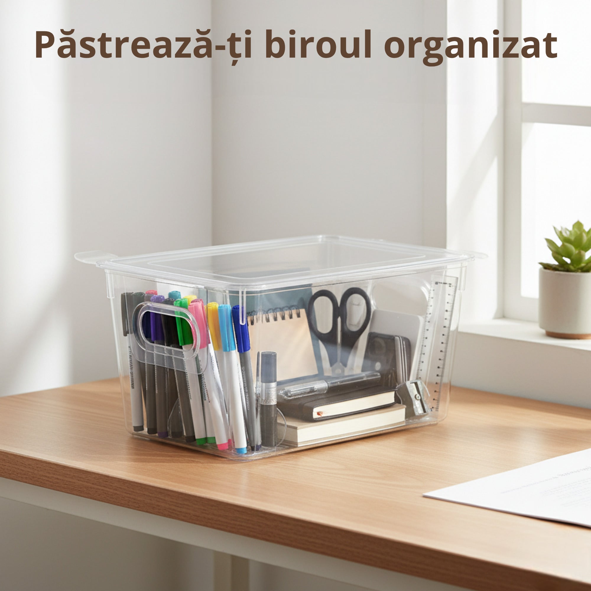 Cutie transparenta din plastic Koken, asezata pe un birou luminos, folosita pentru organizarea accesoriilor de birou precum markere, creioane, foarfece, rigle si carnetele.