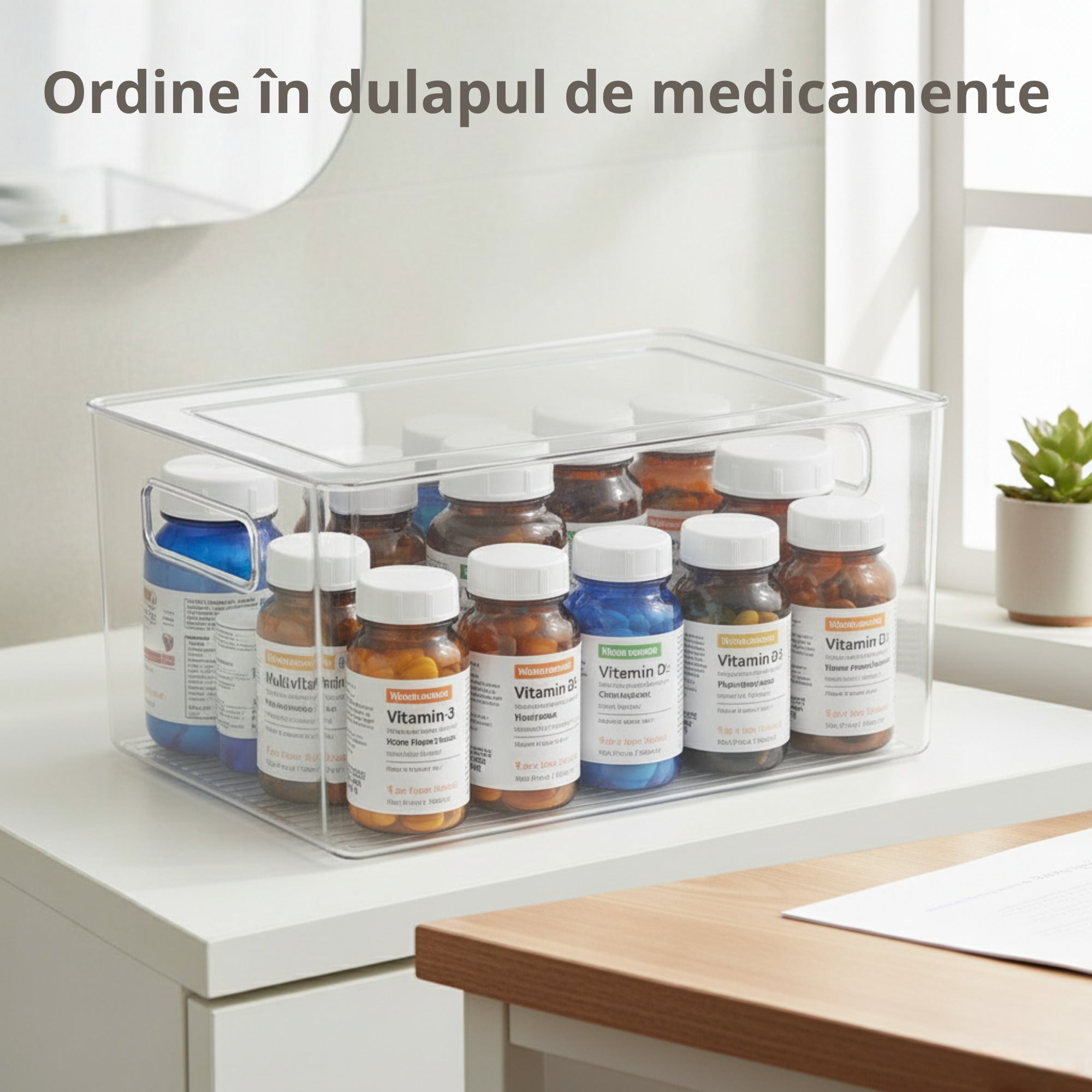Cutie transparenta din plastic Koken asezata pe o masa, utilizata pentru organizarea sticlelor de vitamine si suplimente, intr-un spatiu luminos si ordonat.