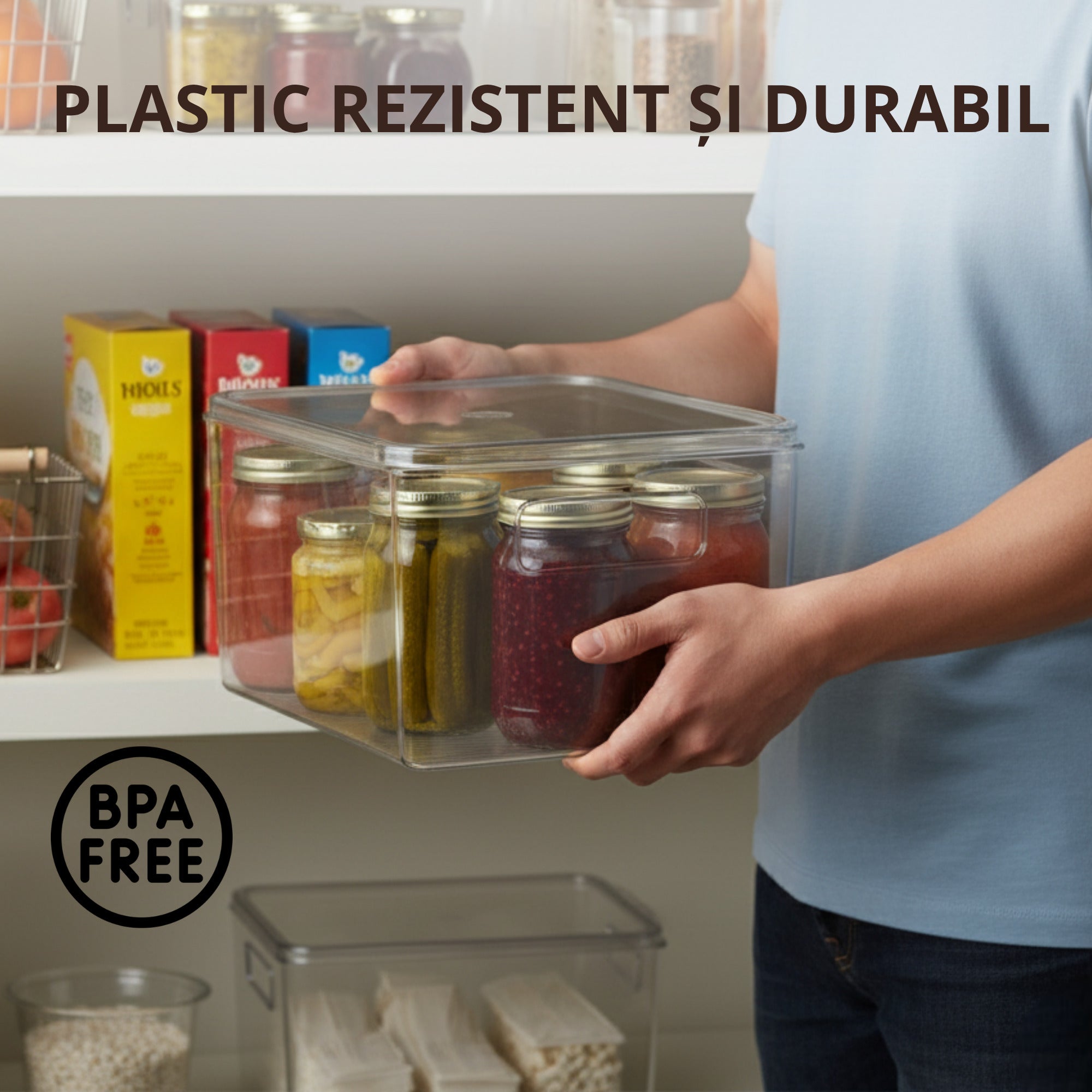 Persoana tine in maini o cutie transparenta Koken din plastic rezistent si durabil, fara BPA, plina cu borcane de muraturi si conserve, intr-o camara ordonata.