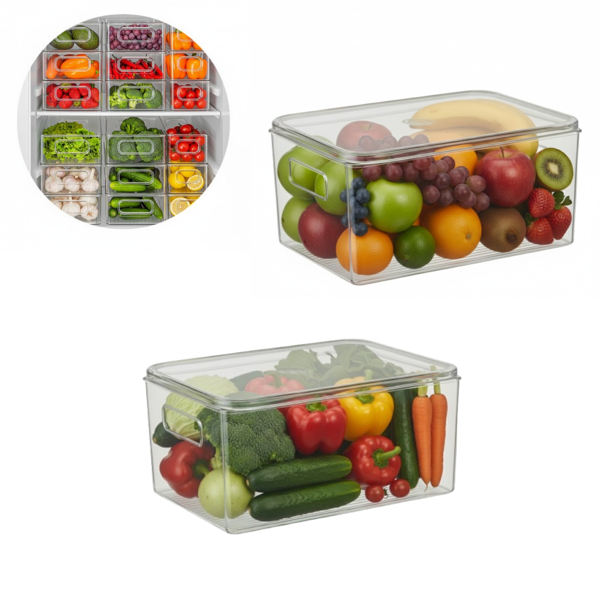 Set din 2 recipiente din plastic cu capac si manere laterale Koken, pline cu fructe si legume proaspete – banane, mere, ardei, broccoli, castraveti si capsuni – prezentate pe fundal alb, cu o imagine mica insetata ce arata utilizarea in frigider.