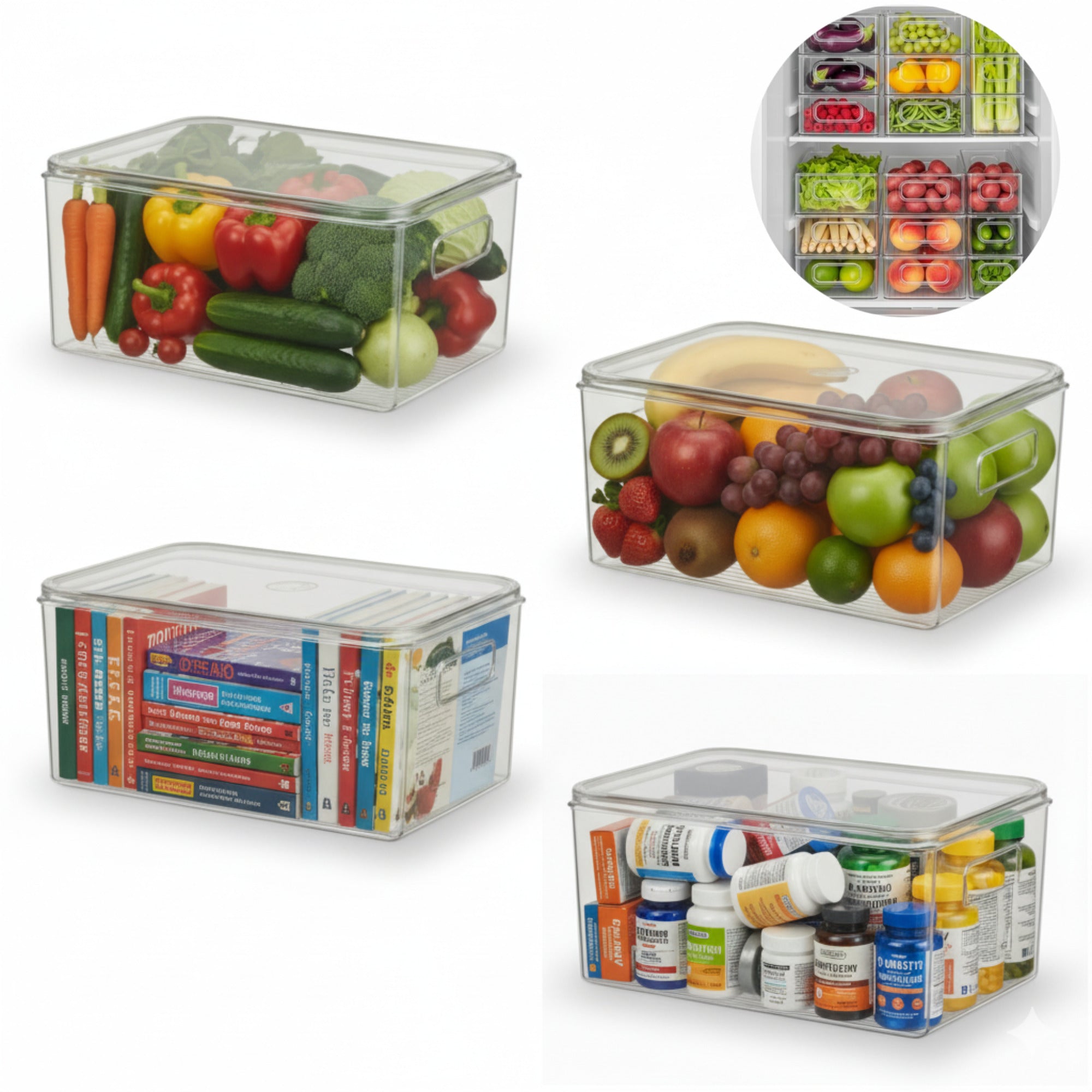 Set din 4 recipiente din plastic cu capac si manere laterale Koken, pline cu fructe si legume proaspete – banane, mere, ardei, broccoli, castraveti si capsuni, cu carti si vitamine – prezentate pe fundal alb, cu o imagine mica insetata ce arata utilizarea in frigider.
