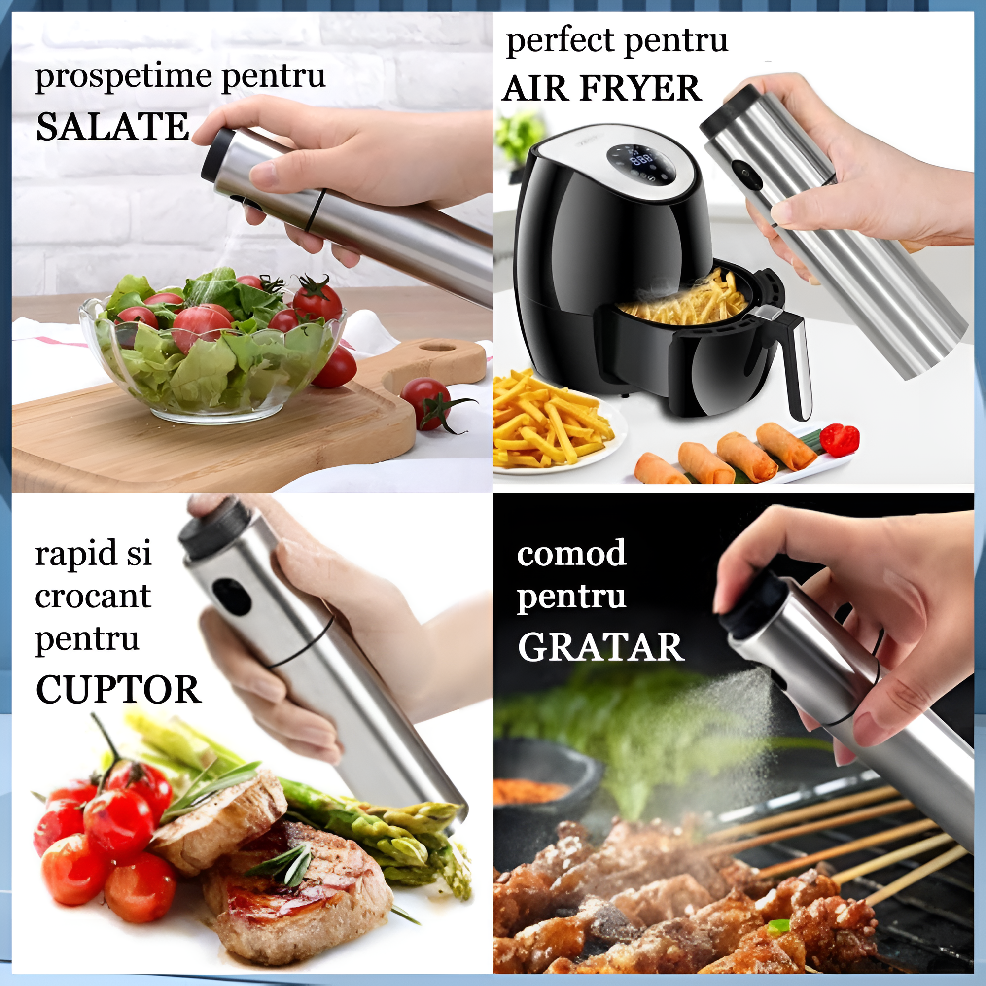 Imagine cu oliviera tip spray folosită la salate, fripturi la grătar și preparate la cuptor sau airfryer.