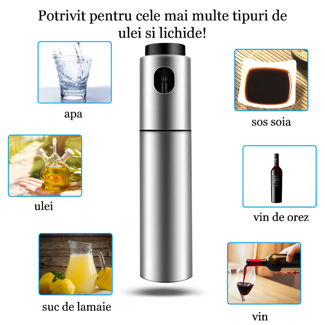 Olivieră Pulverizator Koken – Spray pentru ulei, oțet și alte lichide, Flacon Pulverizator Reîncărcabil, 100 ml, Plastic, 17,8 x 4 cm, Argintiu/Negru