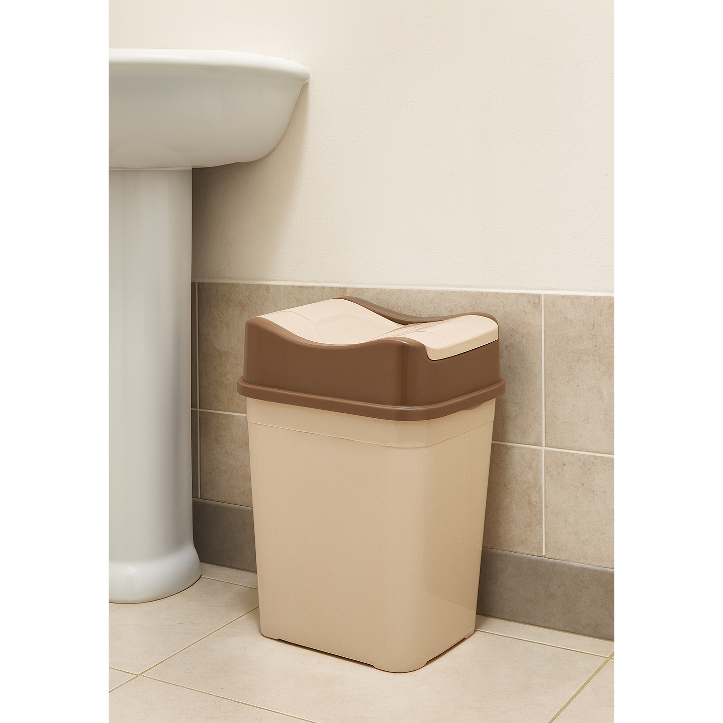 Cos de gunoi 22 L, cu capac rabatabil Koken, cos gunoi bucatarie, baie, birou, compact, 38.8 × 18.9 × 24.3 cm, Plastic, Maro-bej