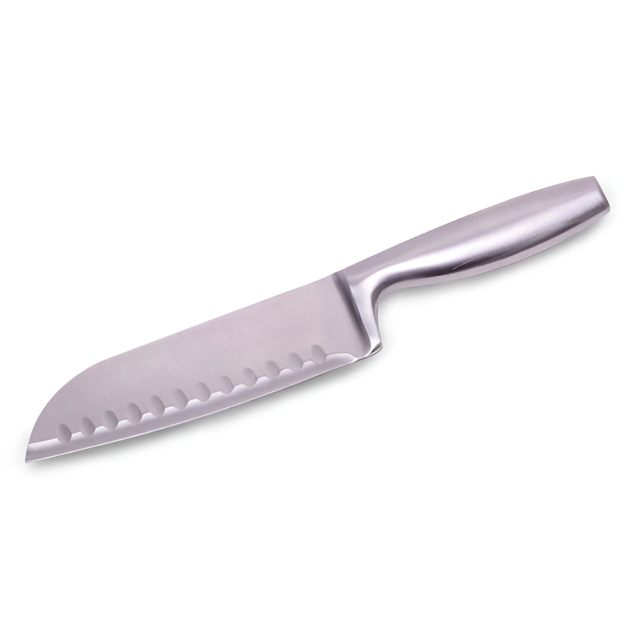 Cutit japonez de bucatarie model Santoku, otel inoxidabil, maner soft-touch, versatil in utilizare, 20 cm, Argintiu