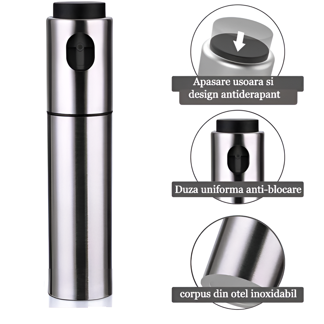 Olivieră Pulverizator Koken – Spray pentru ulei, oțet și alte lichide, Flacon Pulverizator Reîncărcabil, 100 ml, Plastic, 17,8 x 4 cm, Argintiu/Negru
