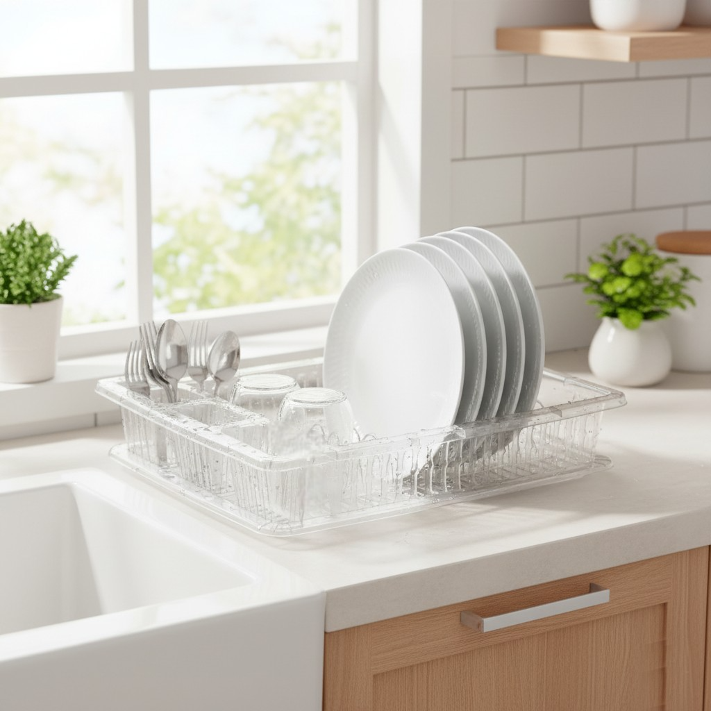 Scurgator Vase, Suport pentru uscat vase, farfurii, tacamuri, pahare si cani Koken, Suport vesela cu tava pentru blatul de bucatarie 45x36,5x8 cm, Transparent