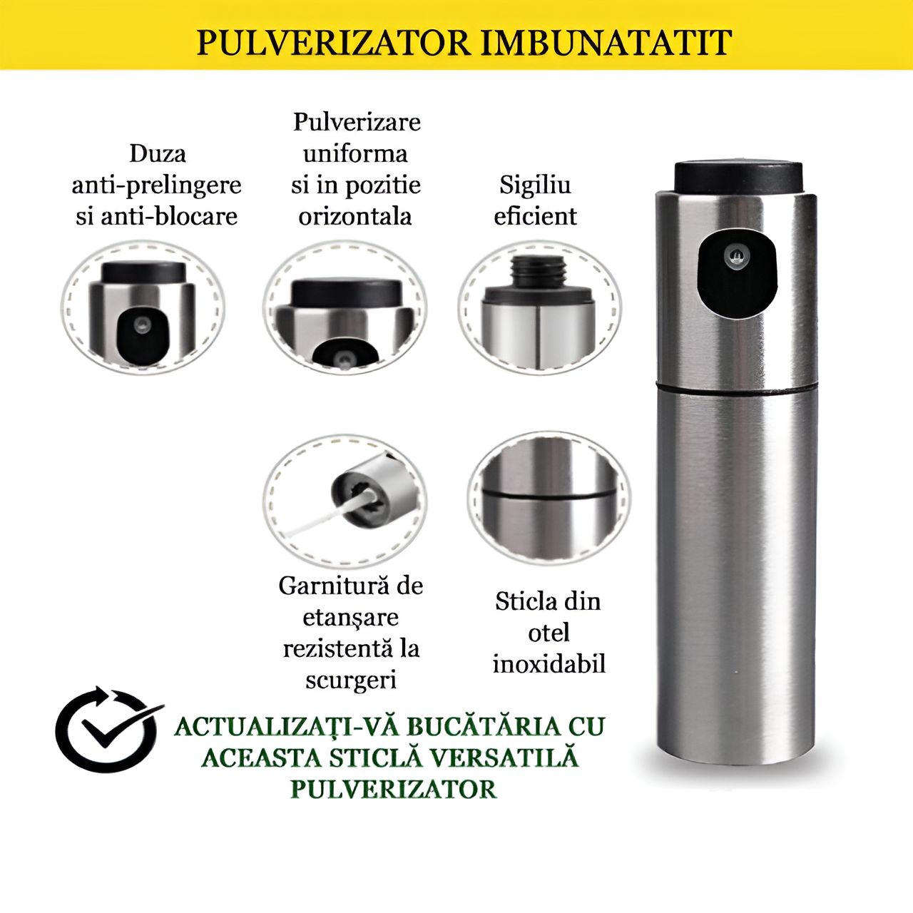 Imagine detaliată a olivierei pulverizator Koken – flacon elegant, compact, Sigiliu eficient, pulverizare uniforma.