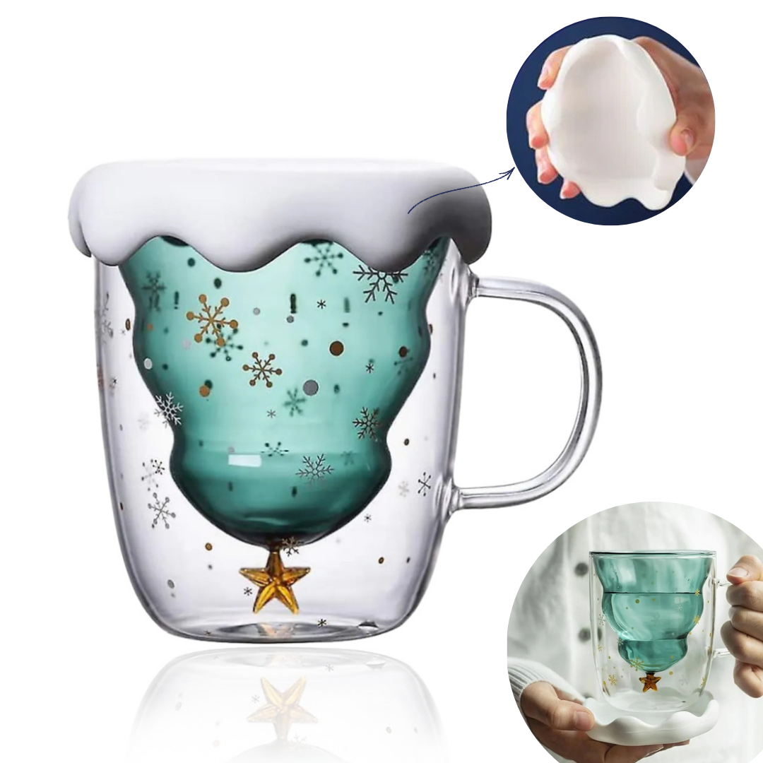 Cana cu tematica de Craciun, pentru ceai si cafea din sticla termorezistenta cu pereti dubli Koken, 320 ml, Sticla borosilicata, ceasca eleganta si transparenta