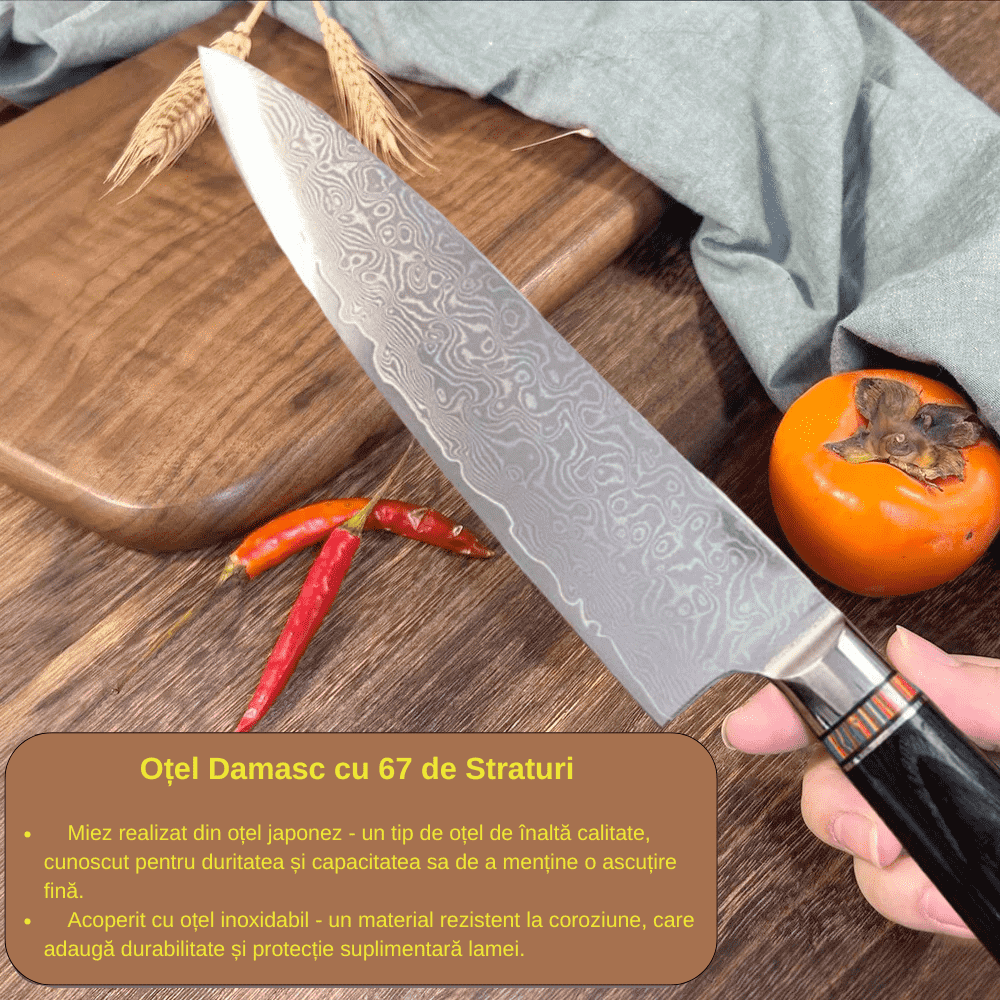 Professional Japanese Damascus steel knife, 67 layers, 20 cm blade, Pakka wood handle, Corrosion Resistant, Black