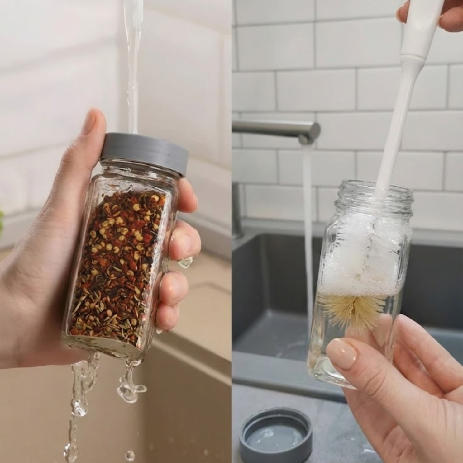 borcan condiment Koken din sticla spalat sub jet de apa si curatat cu perie, capac plastic gri