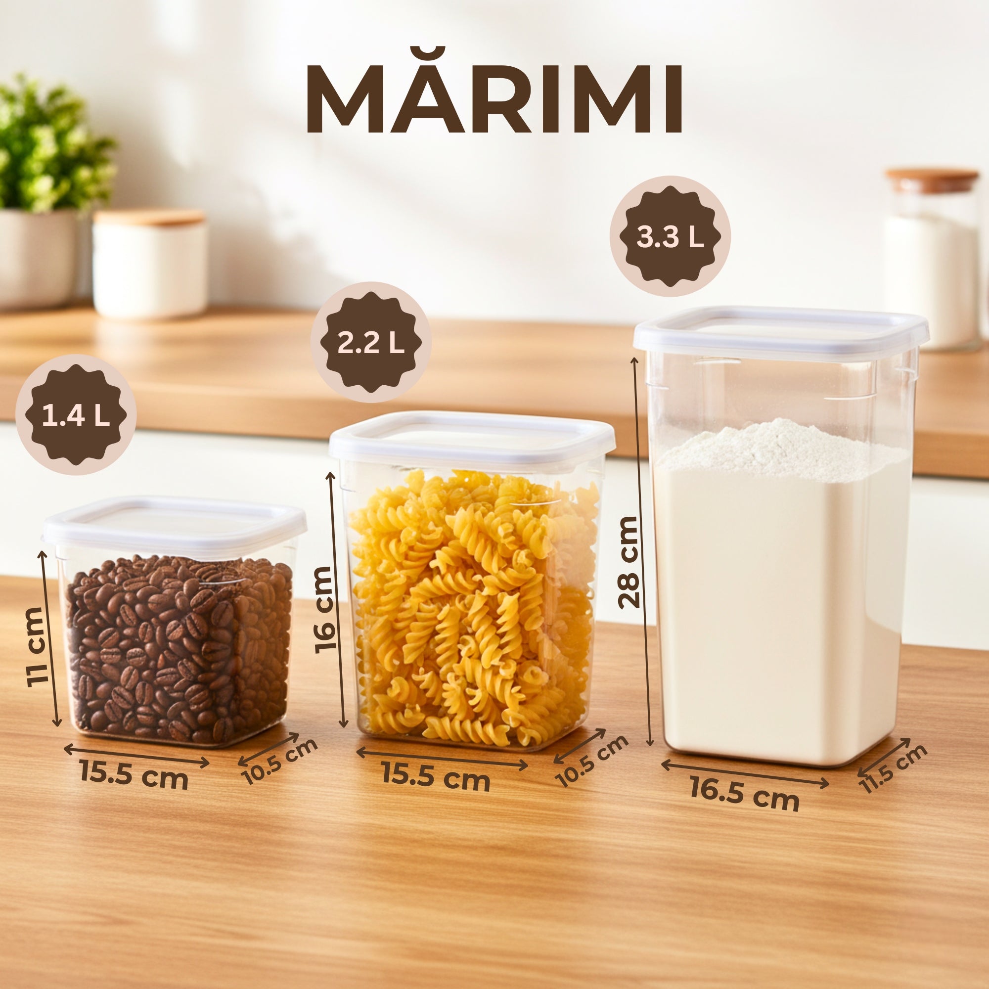 Marimile celor 3 tipuri de recipiente pentru alimente Koken din setul de 12 recipiente. Volumirle lor - 1.4L, 2.2L, 3.3L