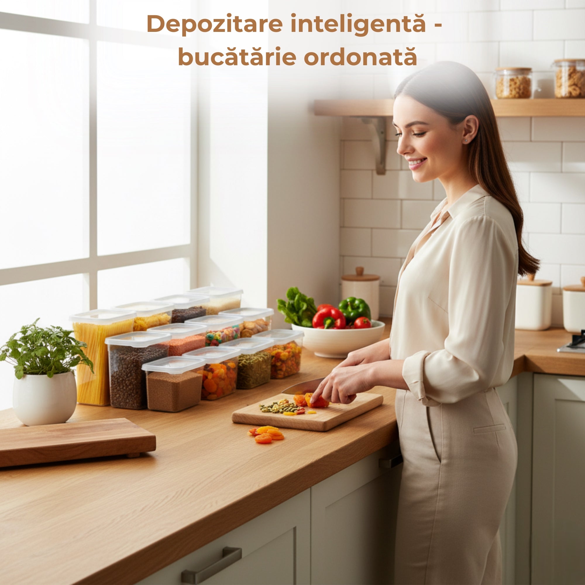 Femeie gateste in bucatarie si are pe masa organizate toate alimentele uscate in recipiente Koken.