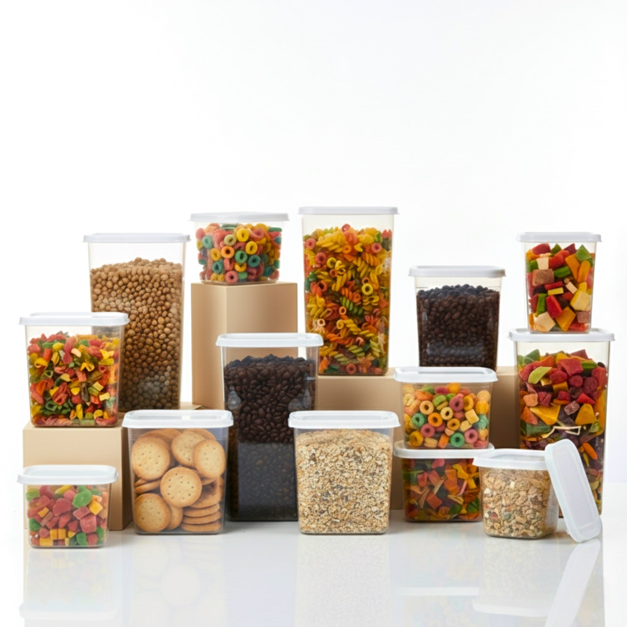 Set din 12 recipiente pentru alimente aranjate frumos pe fundal alb.